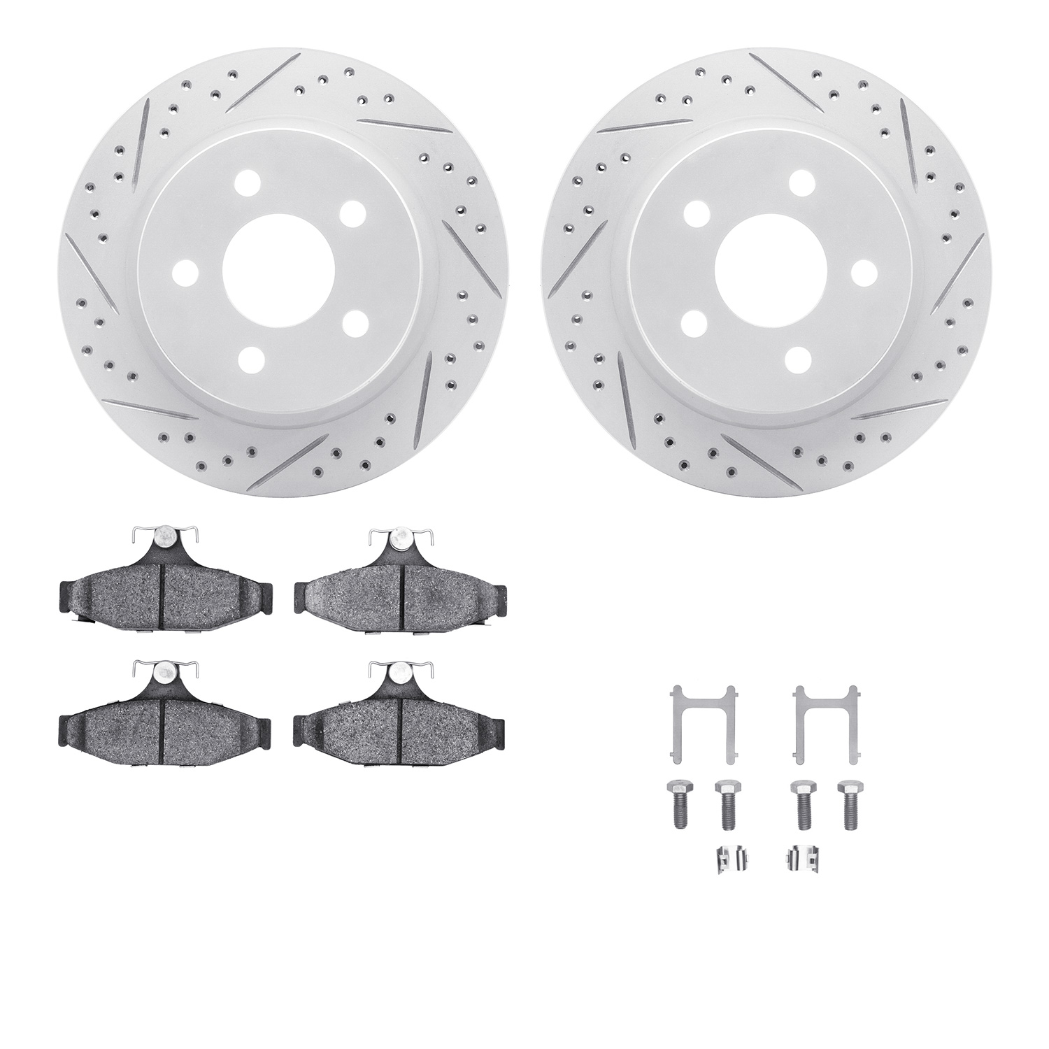 2512-47066 Geoperformance Drilled/Slotted Rotors w/5000 Advanced Brake Pads Kit & Hardware, 1993-1997 GM, Position: Rear