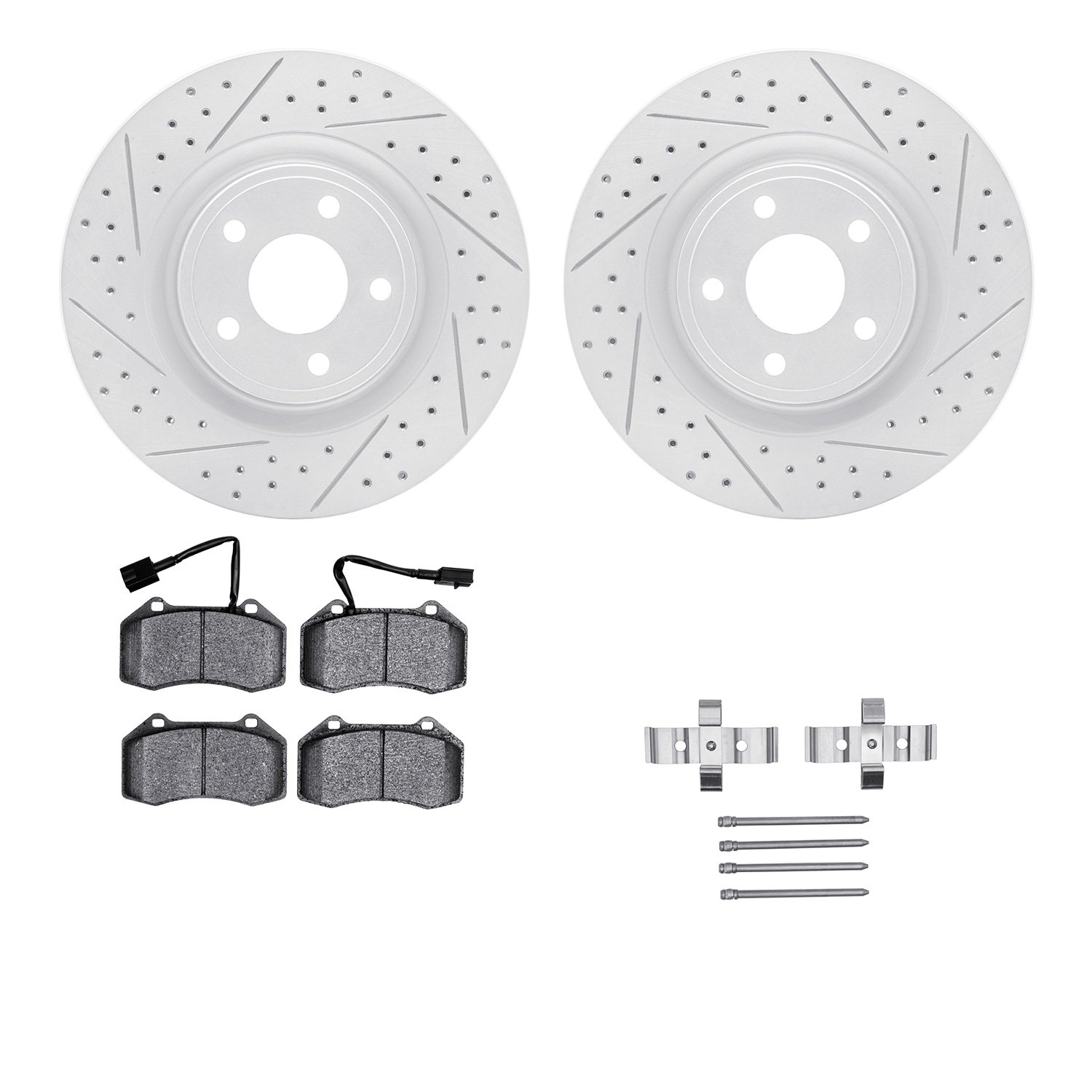 2512-47097 Geoperformance Drilled/Slotted Rotors w/5000 Advanced Brake Pads Kit & Hardware, 2007-2010 GM, Position: Front