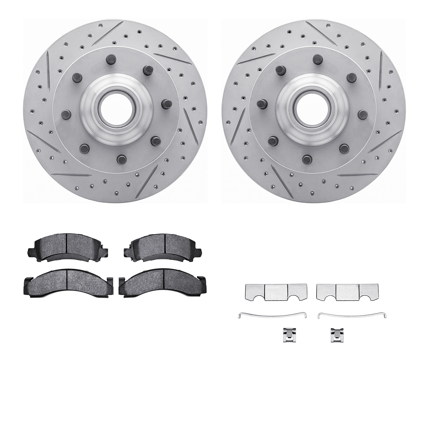 2512-48005 Geoperformance Drilled/Slotted Rotors w/5000 Advanced Brake Pads Kit & Hardware, 1994-1995 GM, Position: Front