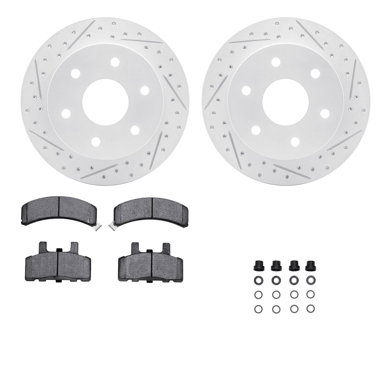 2512-48008 Geoperformance Drilled/Slotted Rotors w/5000 Advanced Brake Pads Kit & Hardware, 1988-2000 GM, Position: Front