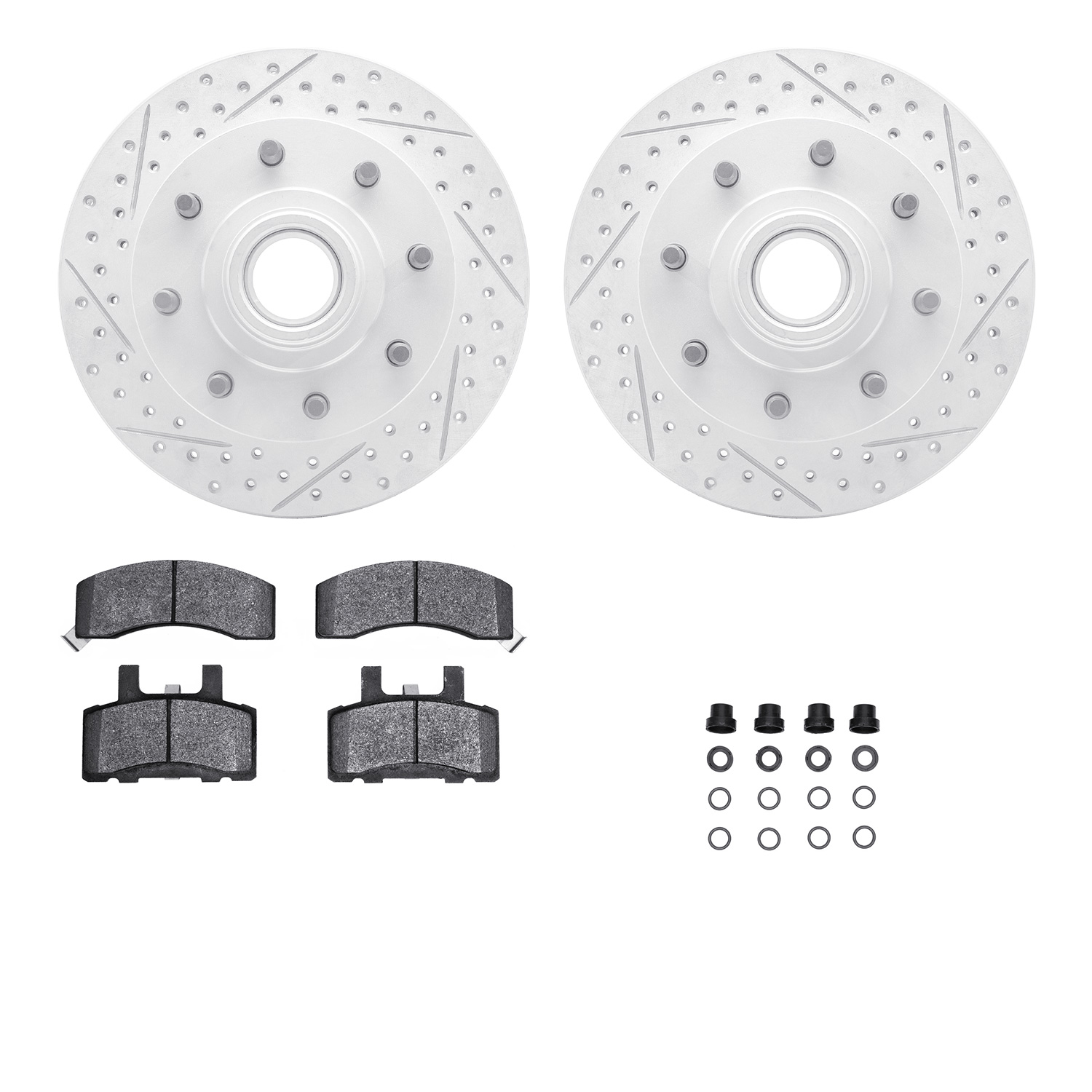 2512-48018 Geoperformance Drilled/Slotted Rotors w/5000 Advanced Brake Pads Kit & Hardware, 1992-2002 GM, Position: Front