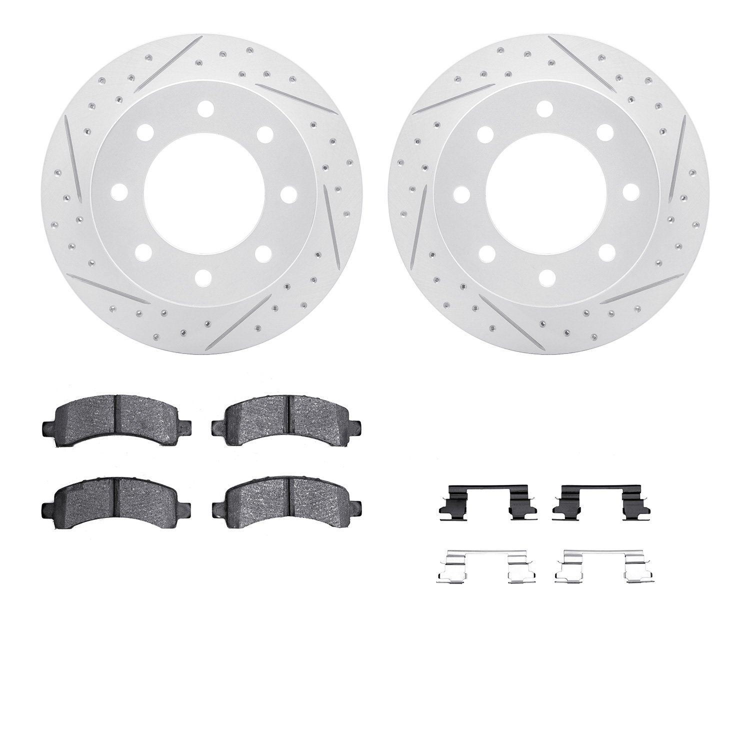 2512-48029 Geoperformance Drilled/Slotted Rotors w/5000 Advanced Brake Pads Kit & Hardware, 2003-2017 GM, Position: Rear