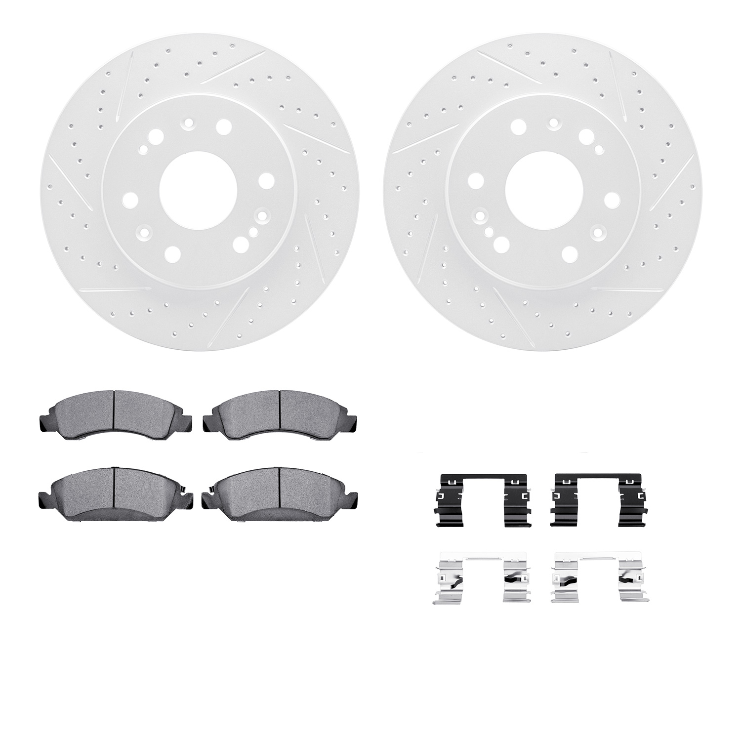 2512-48032 Geoperformance Drilled/Slotted Rotors w/5000 Advanced Brake Pads Kit & Hardware, 2005-2020 GM, Position: Front