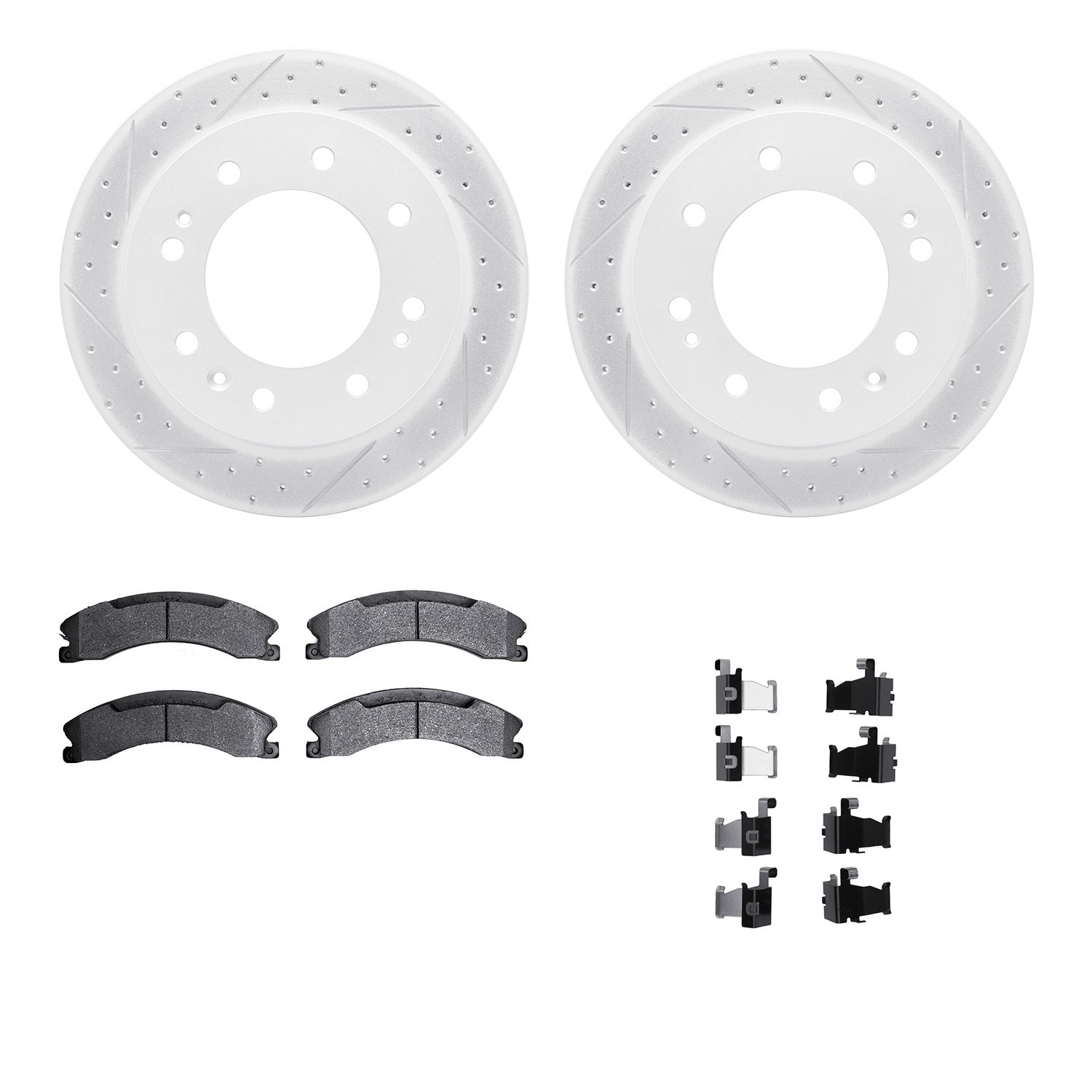 2512-48035 Geoperformance Drilled/Slotted Rotors w/5000 Advanced Brake Pads Kit & Hardware, 2011-2019 GM, Position: Front