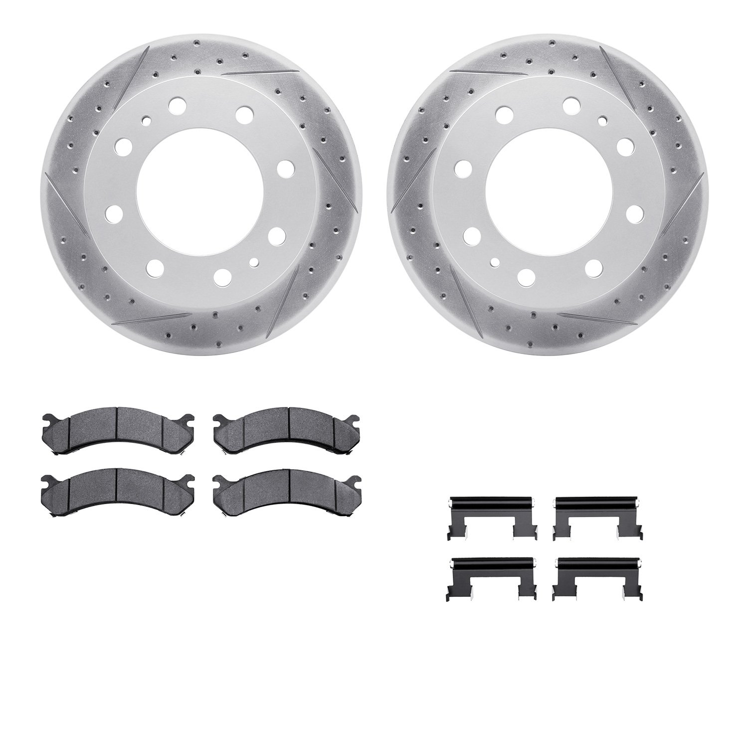 2512-48036 Geoperformance Drilled/Slotted Rotors w/5000 Advanced Brake Pads Kit & Hardware, 1999-2017 GM, Position: Front