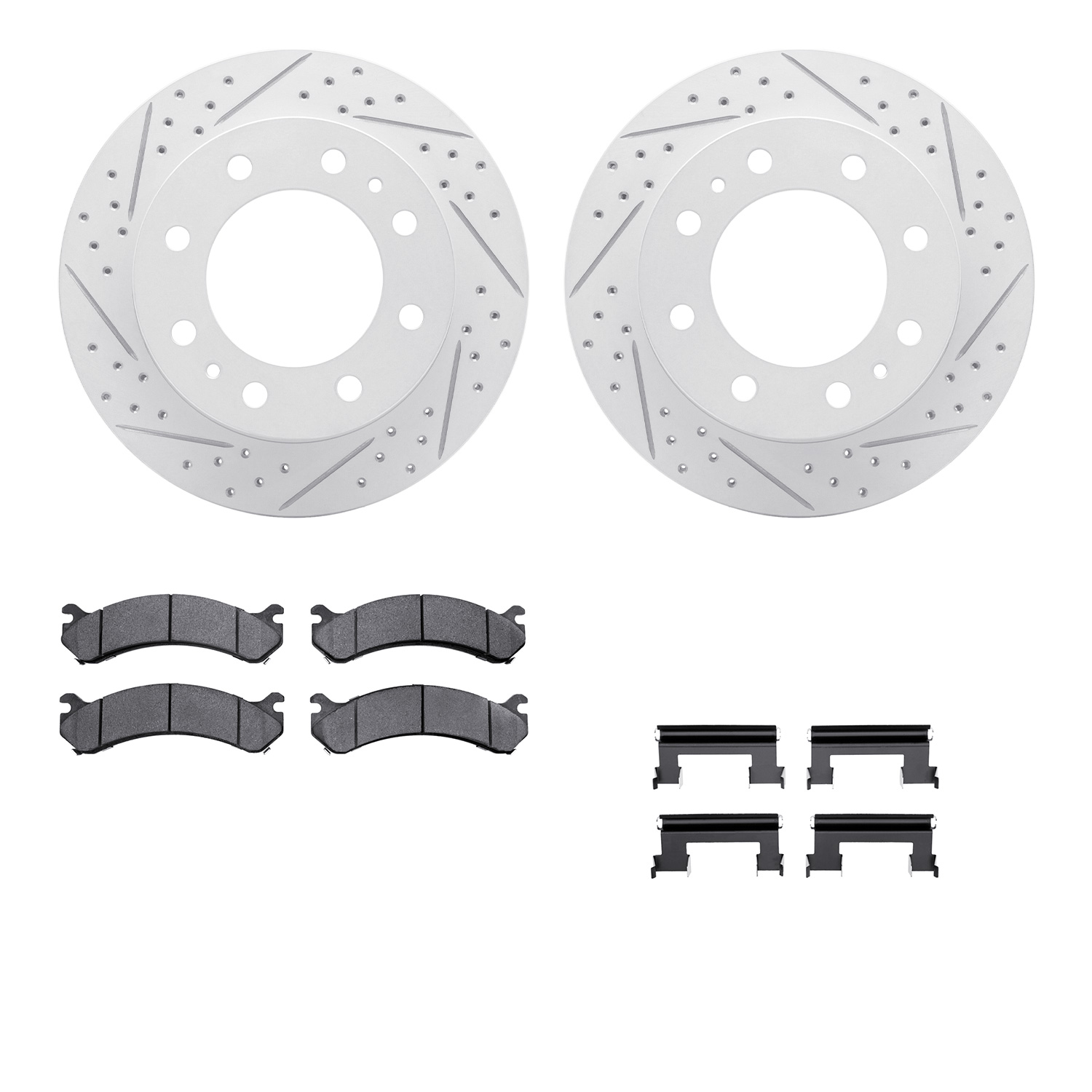 2512-48037 Geoperformance Drilled/Slotted Rotors w/5000 Advanced Brake Pads Kit & Hardware, 2001-2017 GM, Position: Front