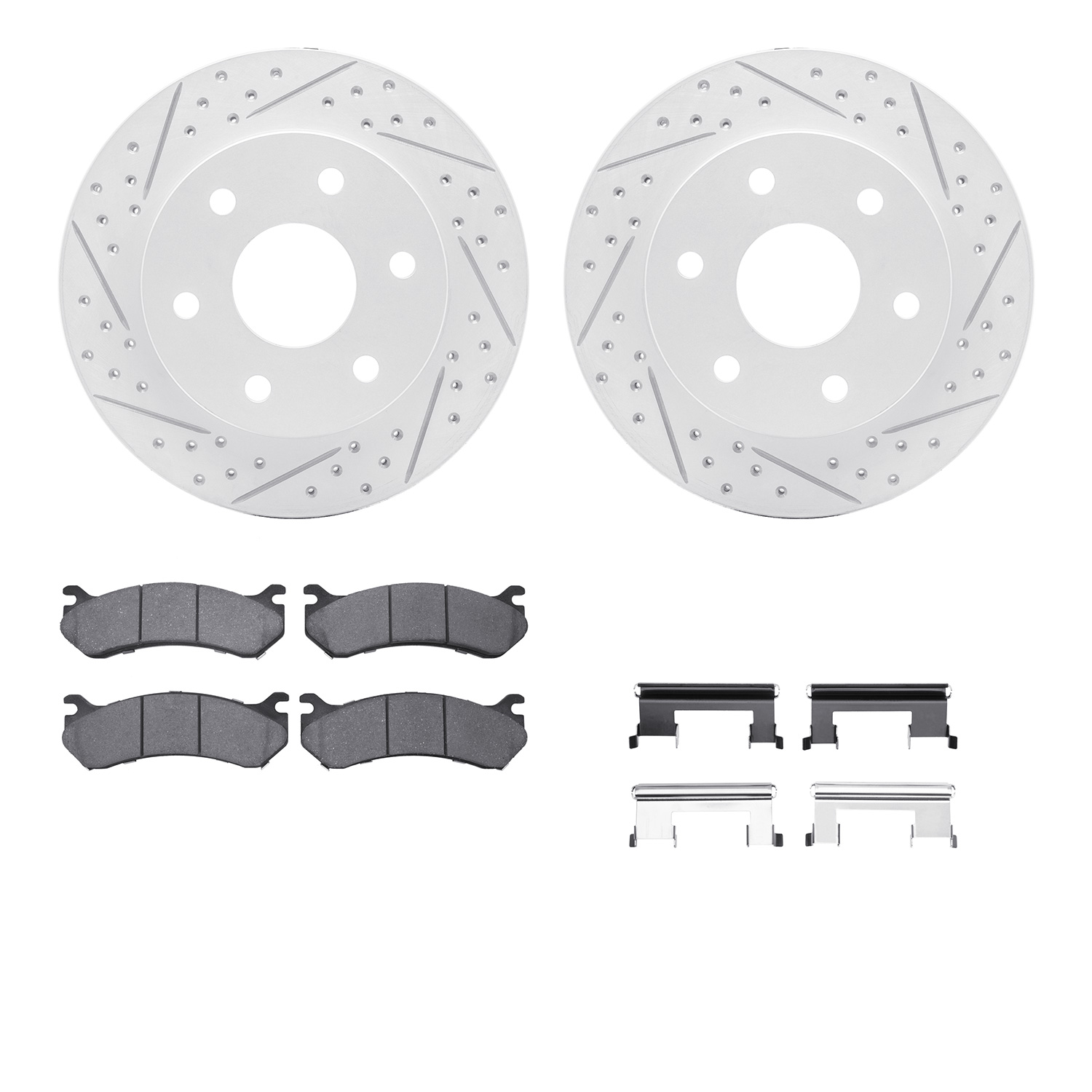 2512-48038 Geoperformance Drilled/Slotted Rotors w/5000 Advanced Brake Pads Kit & Hardware, 1999-2008 GM, Position: Front