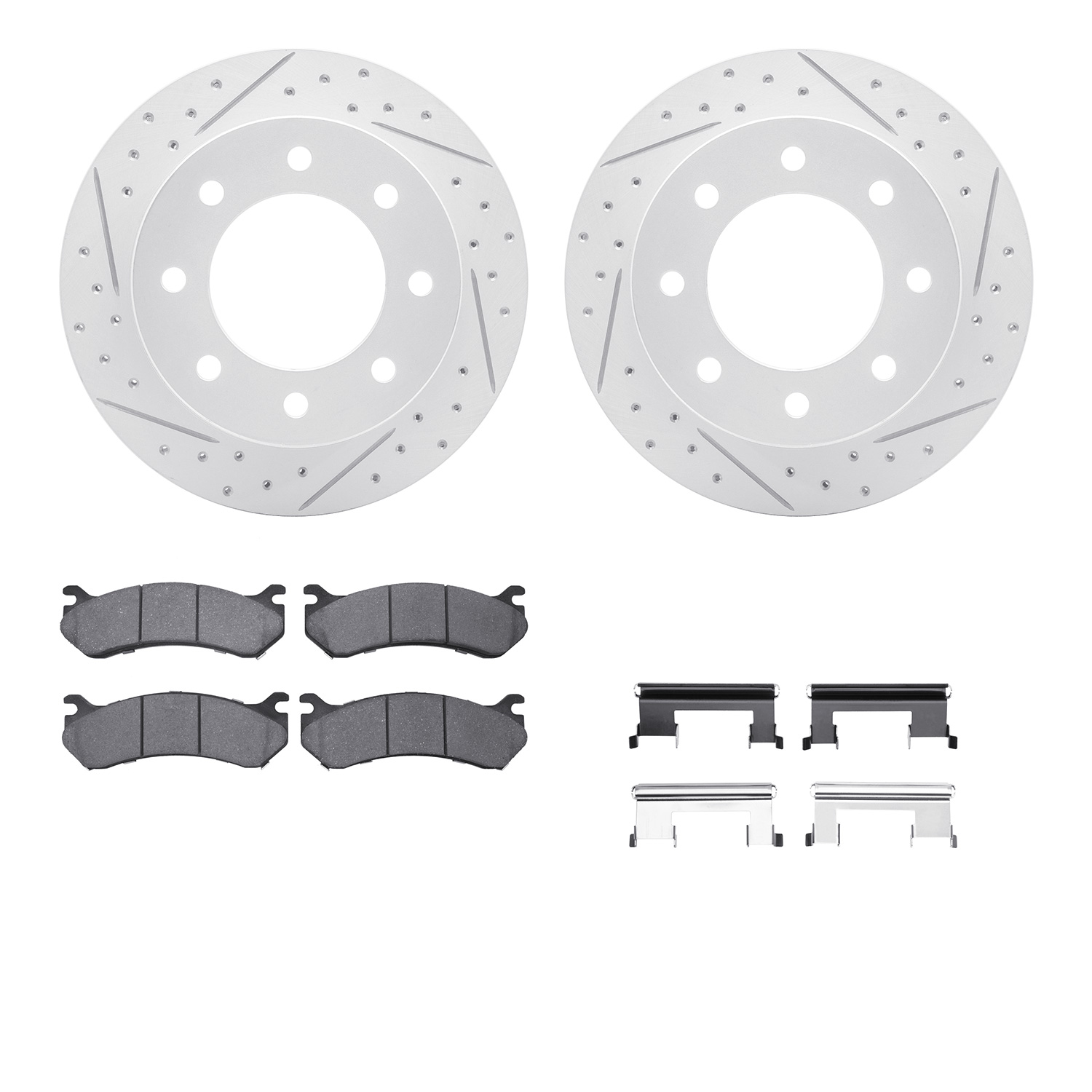 2512-48039 Geoperformance Drilled/Slotted Rotors w/5000 Advanced Brake Pads Kit & Hardware, 1999-2009 GM, Position: Rear