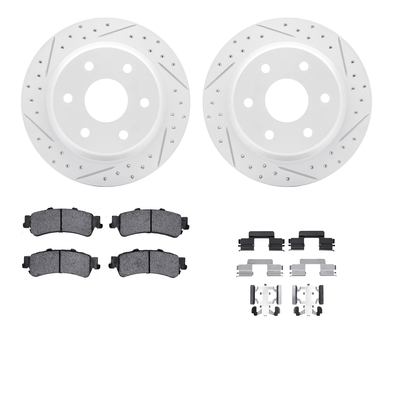 2512-48042 Geoperformance Drilled/Slotted Rotors w/5000 Advanced Brake Pads Kit & Hardware, 2003-2007 GM, Position: Rear