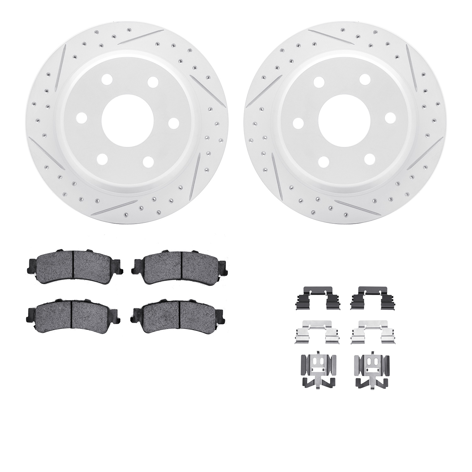 2512-48043 Geoperformance Drilled/Slotted Rotors w/5000 Advanced Brake Pads Kit & Hardware, 1999-2007 GM, Position: Rear