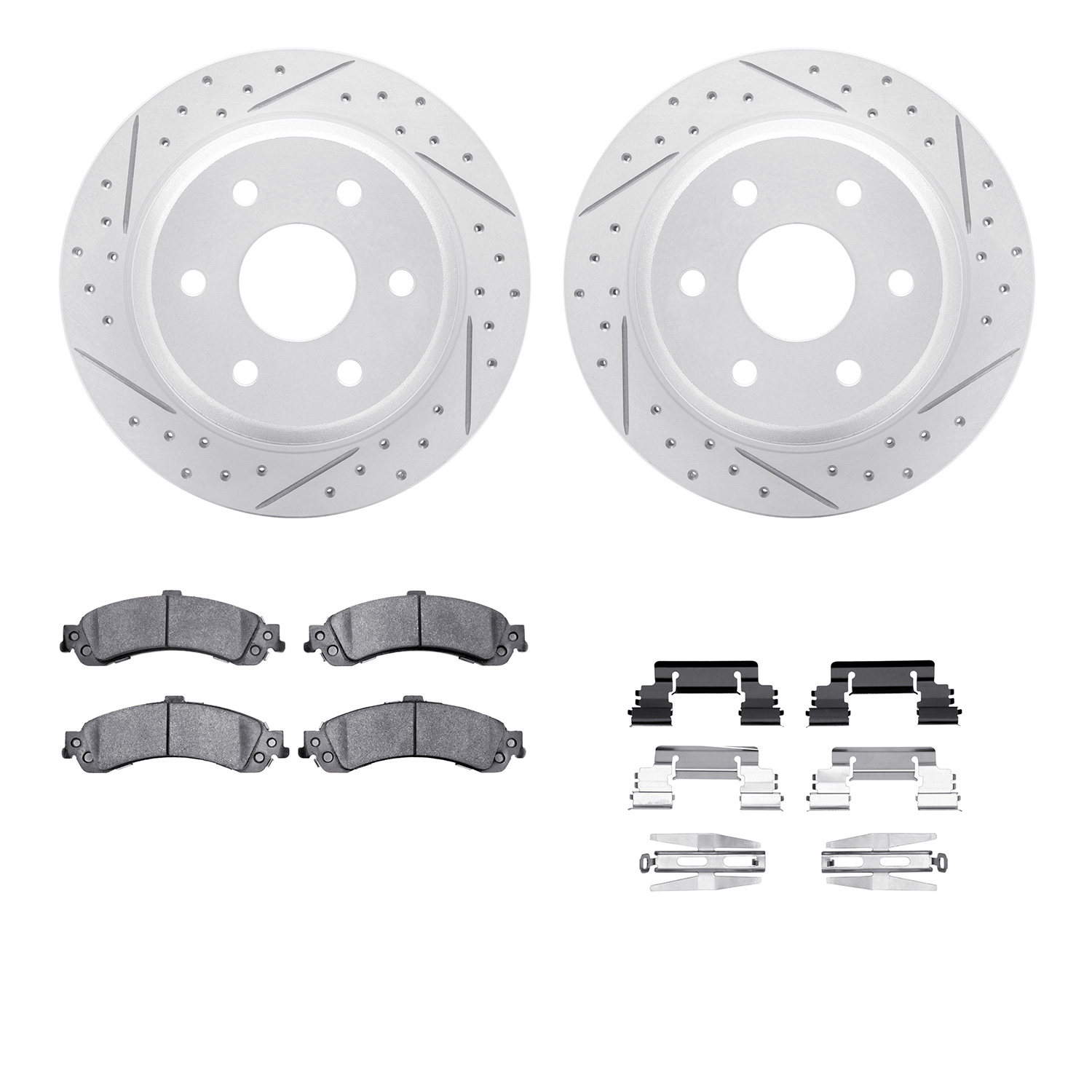 2512-48044 Geoperformance Drilled/Slotted Rotors w/5000 Advanced Brake Pads Kit & Hardware, 2000-2006 GM, Position: Rear
