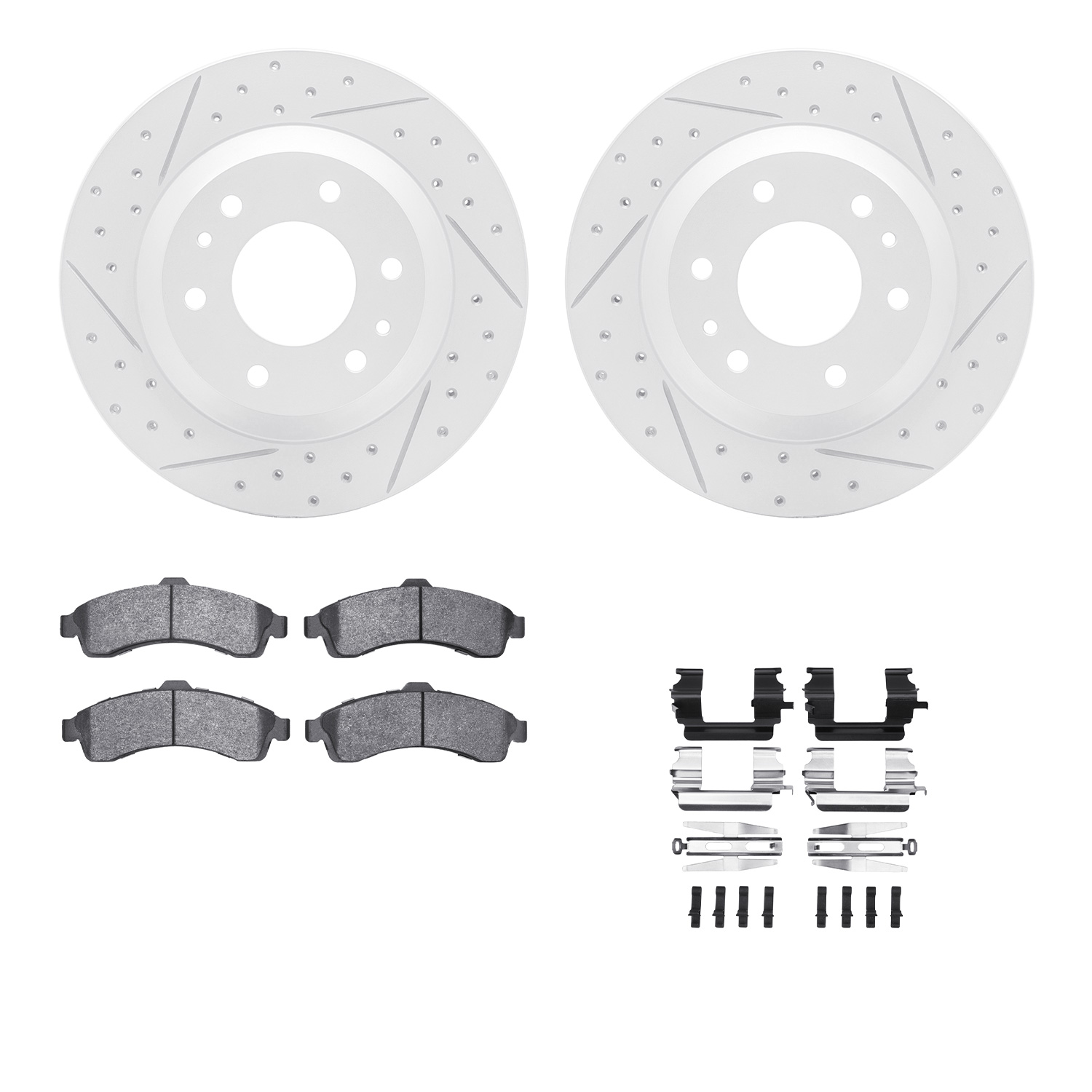 2512-48046 Geoperformance Drilled/Slotted Rotors w/5000 Advanced Brake Pads Kit & Hardware, 2002-2005 GM, Position: Front