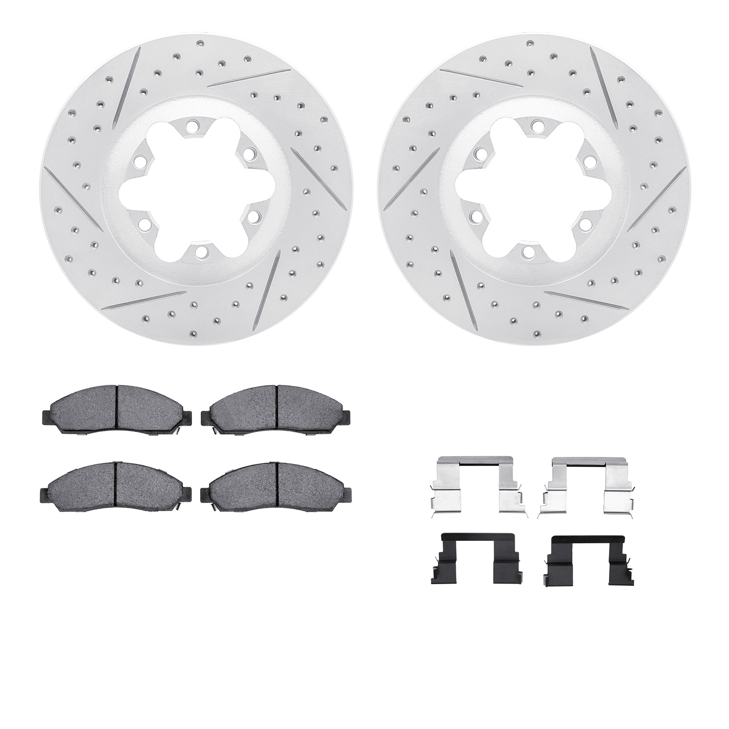 2512-48056 Geoperformance Drilled/Slotted Rotors w/5000 Advanced Brake Pads Kit & Hardware, 2004-2008 GM, Position: Front