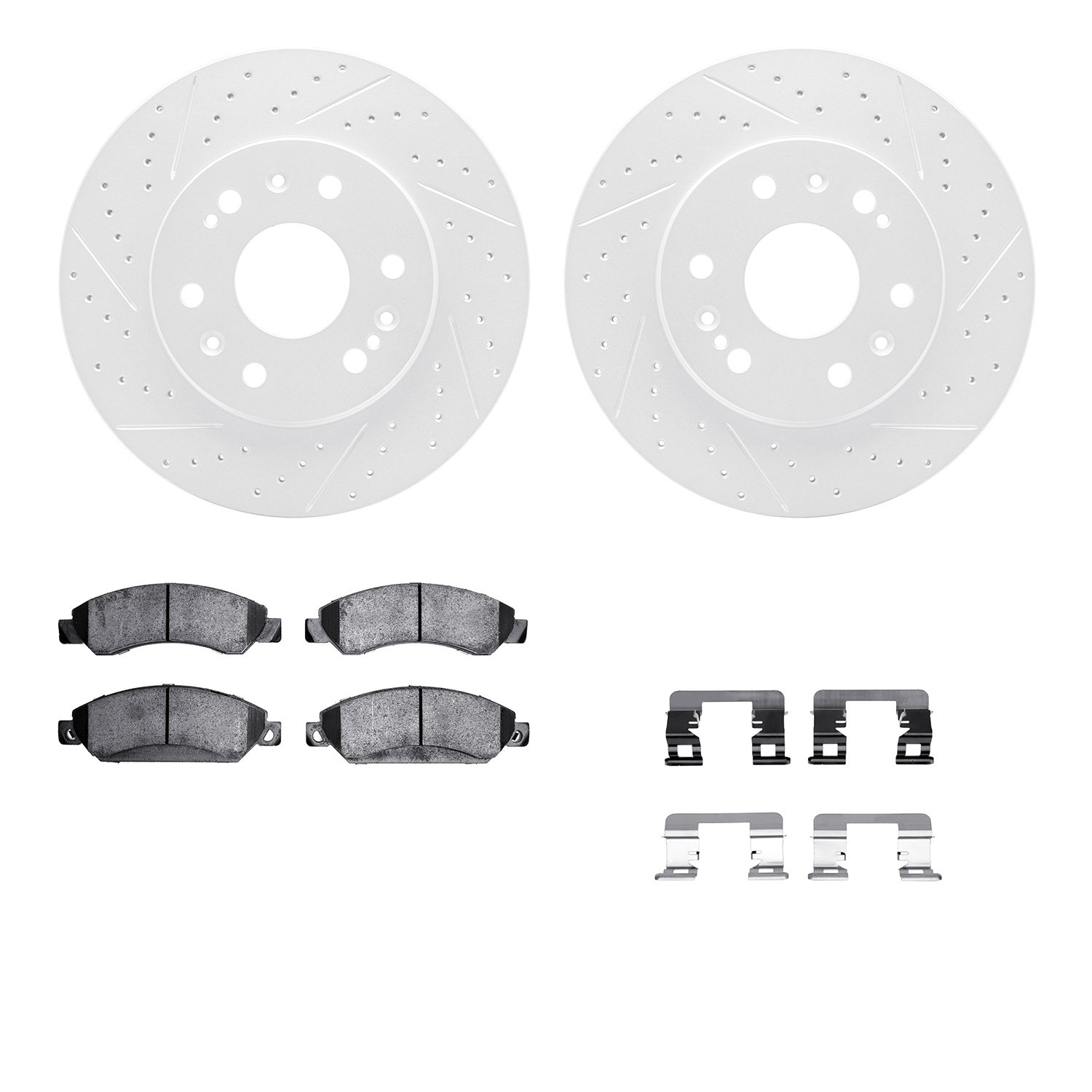 2512-48057 Geoperformance Drilled/Slotted Rotors w/5000 Advanced Brake Pads Kit & Hardware, 2005-2008 GM, Position: Front