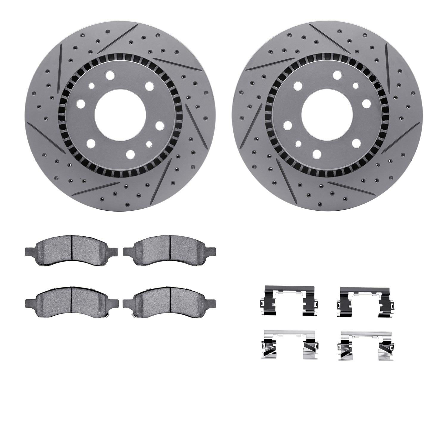 2512-48059 Geoperformance Drilled/Slotted Rotors w/5000 Advanced Brake Pads Kit & Hardware, 2006-2009 GM, Position: Front