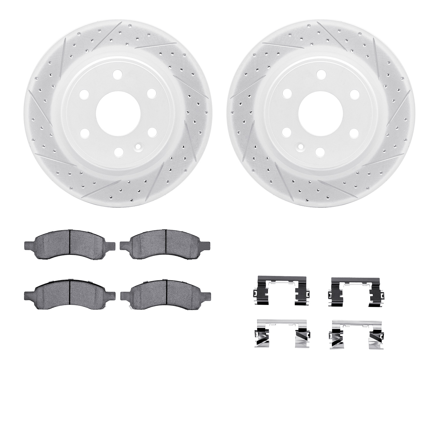 2512-48061 Geoperformance Drilled/Slotted Rotors w/5000 Advanced Brake Pads Kit & Hardware, 2007-2017 GM, Position: Front
