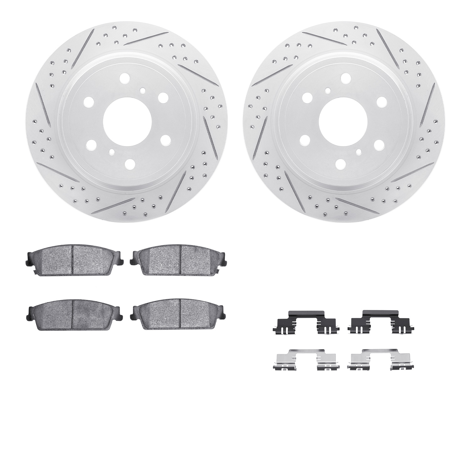 2512-48062 Geoperformance Drilled/Slotted Rotors w/5000 Advanced Brake Pads Kit & Hardware, 2007-2014 GM, Position: Rear