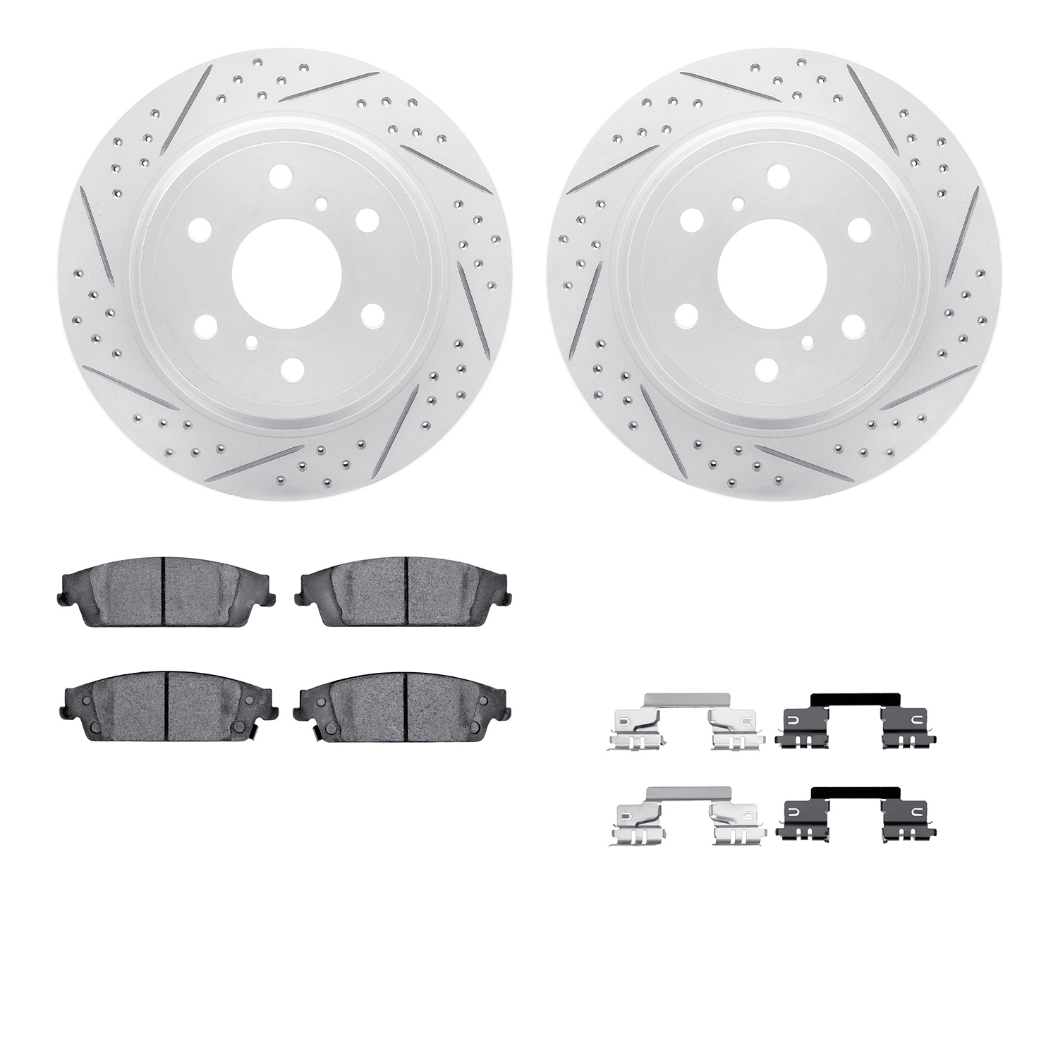 2512-48063 Geoperformance Drilled/Slotted Rotors w/5000 Advanced Brake Pads Kit & Hardware, 2014-2020 GM, Position: Rear