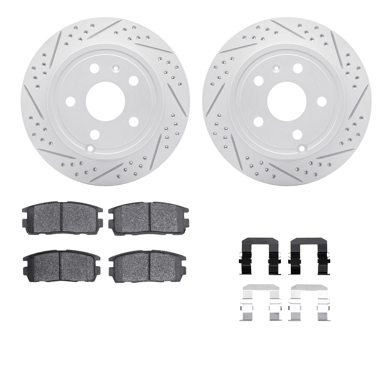 2512-48064 Geoperformance Drilled/Slotted Rotors w/5000 Advanced Brake Pads Kit & Hardware, 2010-2017 GM, Position: Rear
