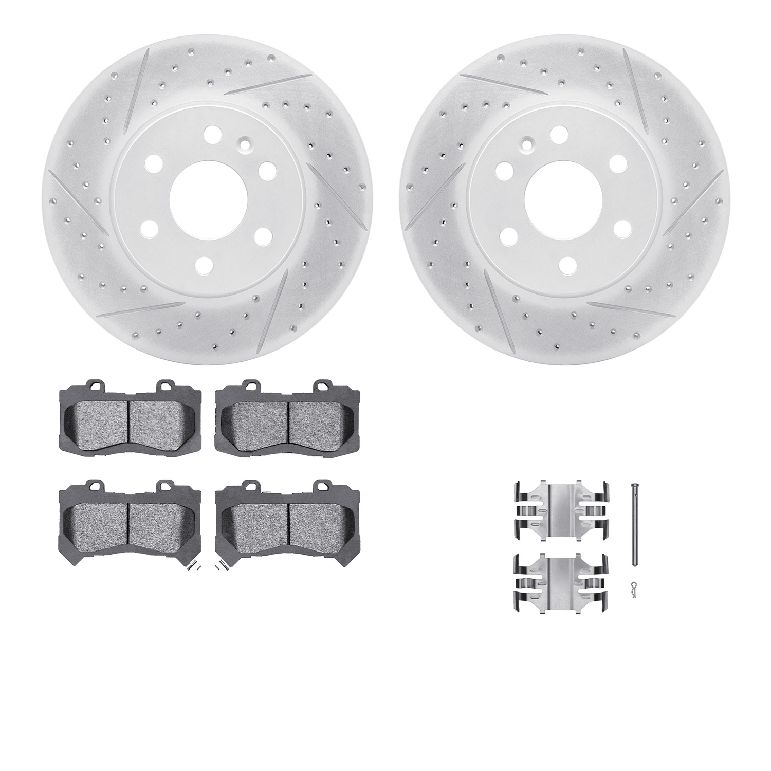 2512-48071 Geoperformance Drilled/Slotted Rotors w/5000 Advanced Brake Pads Kit & Hardware, 2015-2020 GM, Position: Front