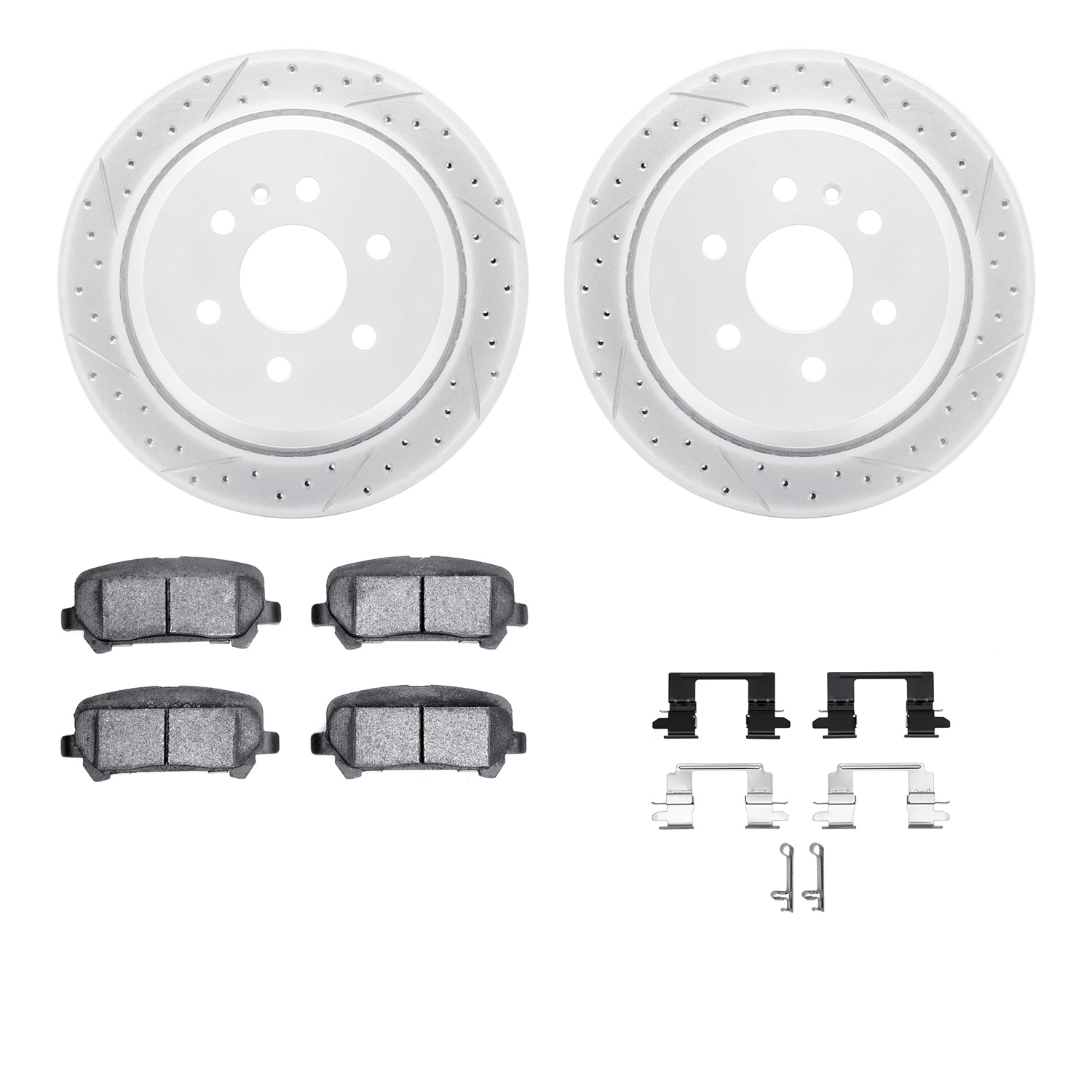 2512-48072 Geoperformance Drilled/Slotted Rotors w/5000 Advanced Brake Pads Kit & Hardware, 2015-2020 GM, Position: Rear