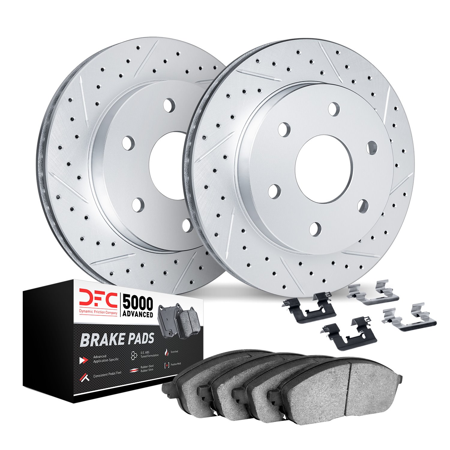 2512-48078 Geoperformance Drilled/Slotted Rotors w/5000 Advanced Brake Pads Kit & Hardware, 2017-2020 GM, Position: Front