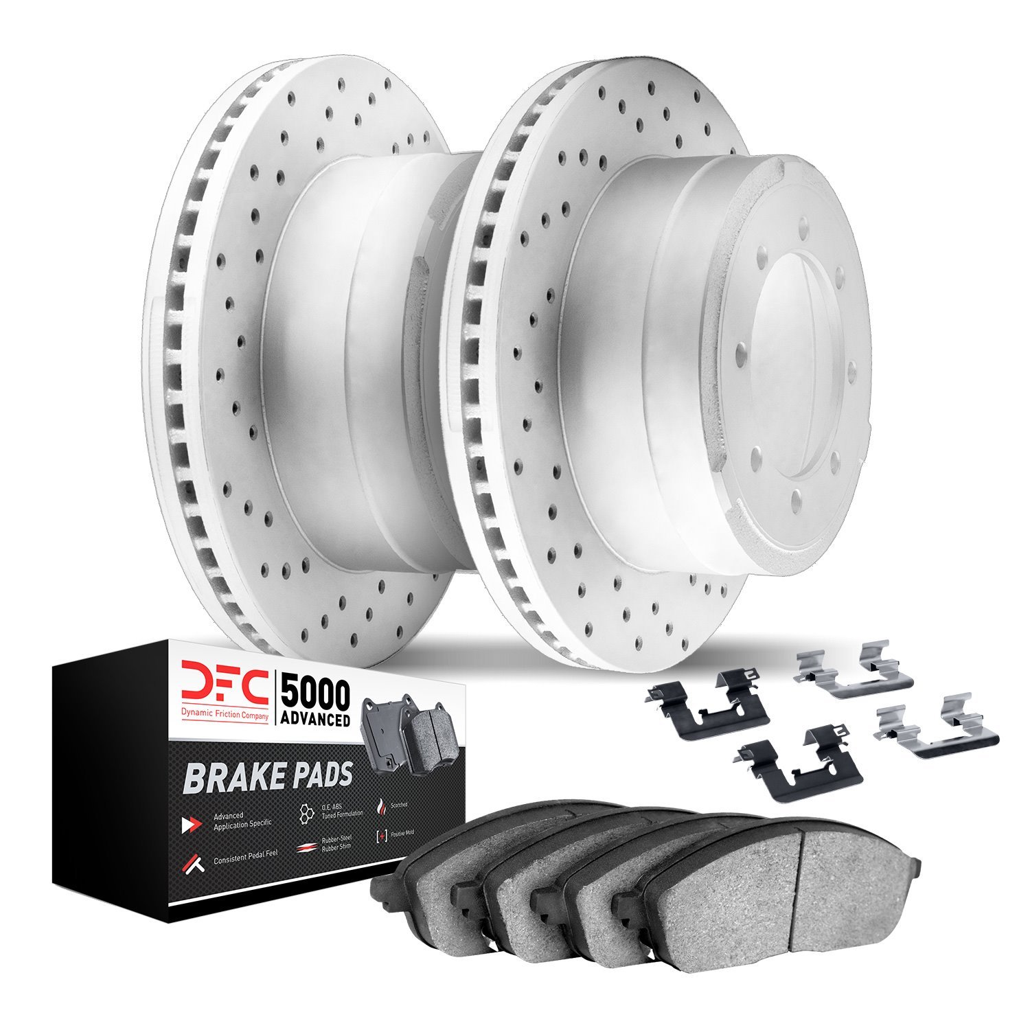 2512-48134 Geoperformance Drilled Brake Rotors w/5000 Advanced Brake Pads Kit & Hardware, 2018-2020 GM, Position: Front