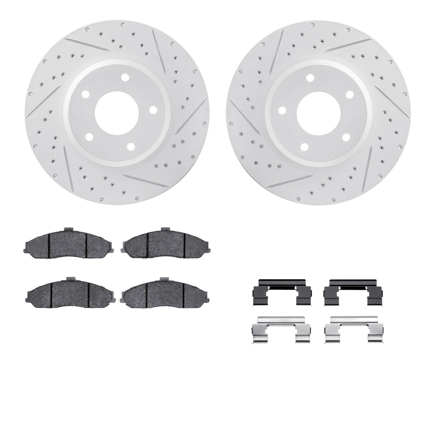 2512-52005 Geoperformance Drilled/Slotted Rotors w/5000 Advanced Brake Pads Kit & Hardware, 2005-2006 GM, Position: Front