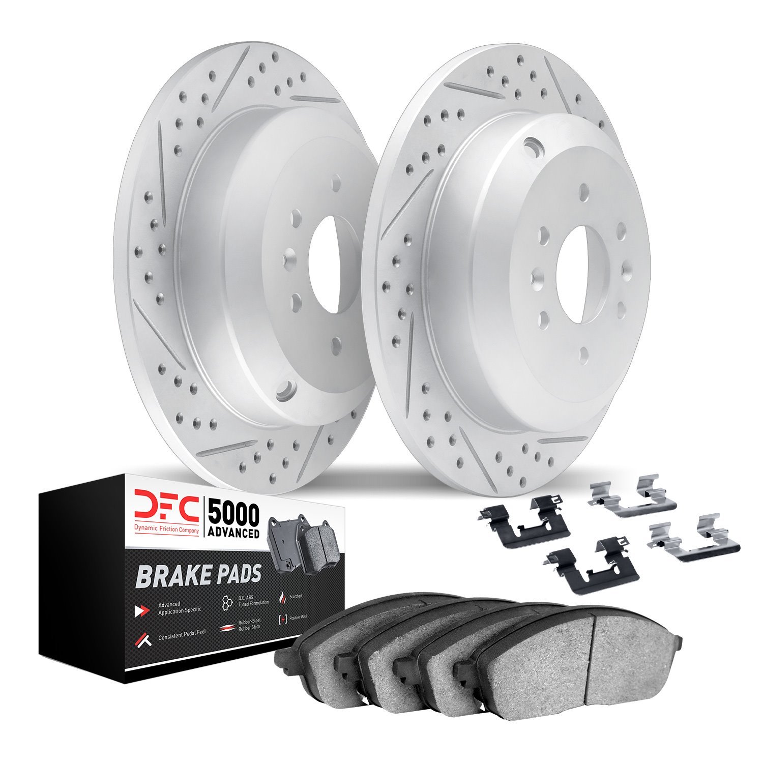 2512-52011 Geoperformance Drilled/Slotted Rotors w/5000 Advanced Brake Pads Kit & Hardware, 2006-2009 GM, Position: Rear