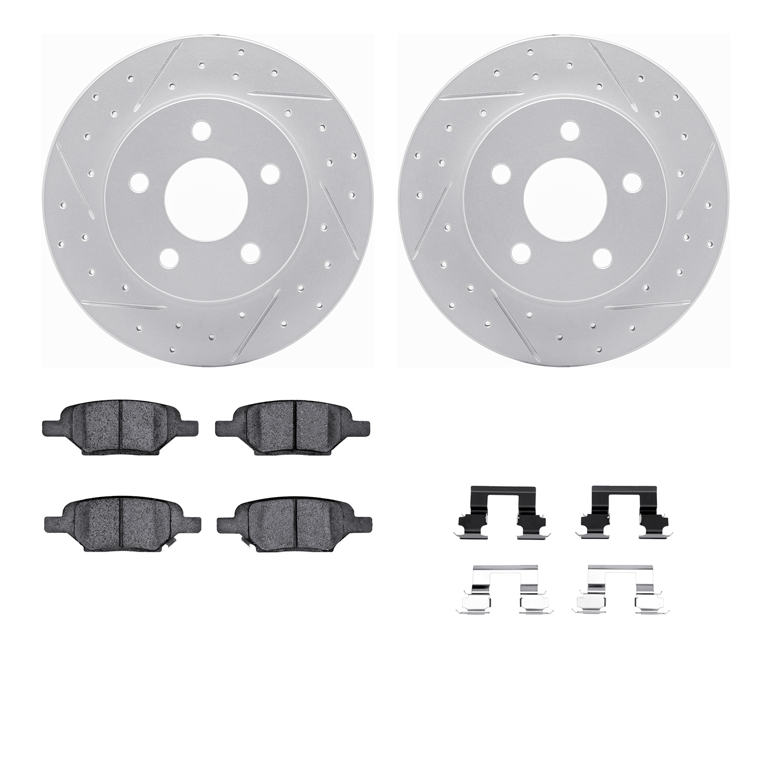 2512-53004 Geoperformance Drilled/Slotted Rotors w/5000 Advanced Brake Pads Kit & Hardware, 2004-2012 GM, Position: Rear