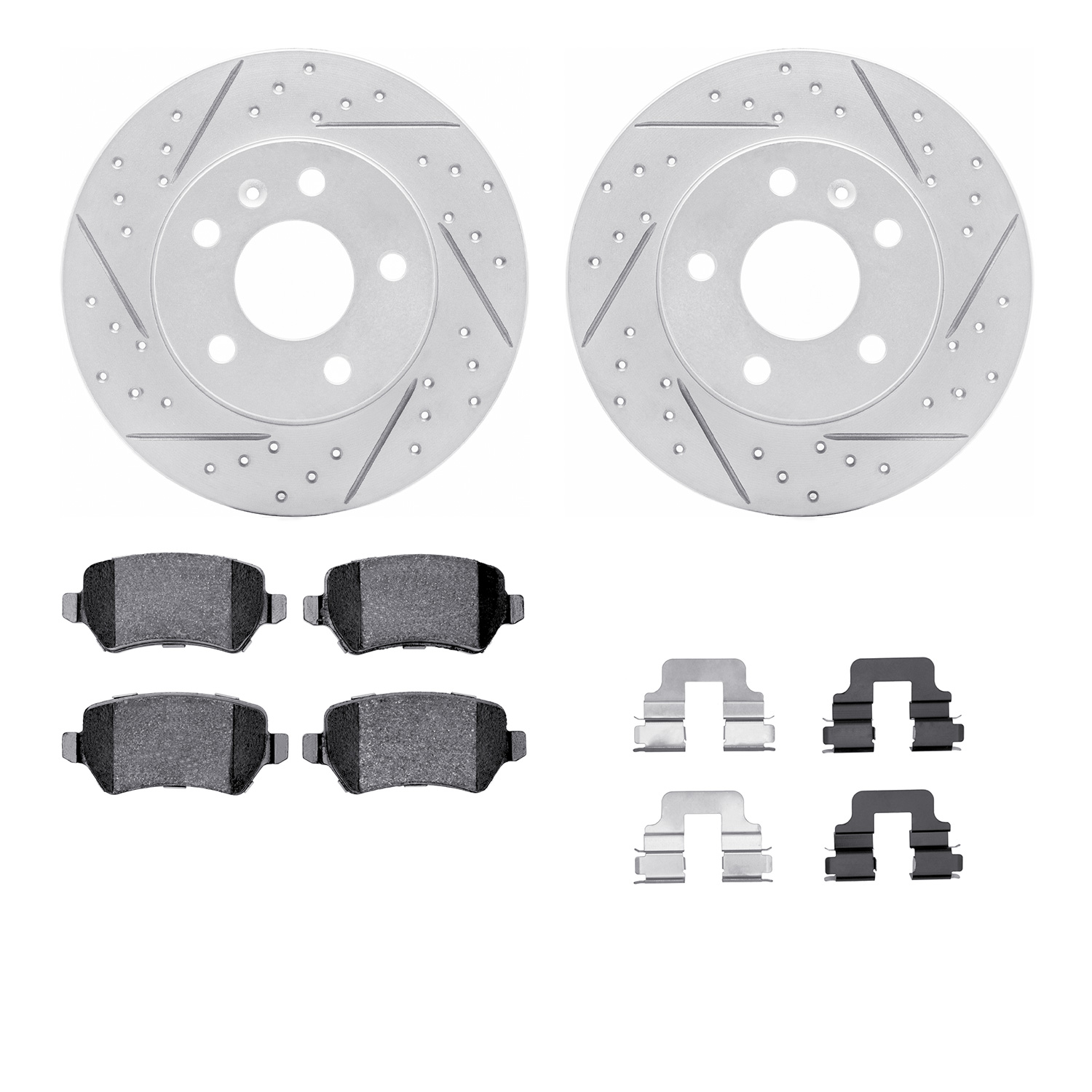 2512-53008 Geoperformance Drilled/Slotted Rotors w/5000 Advanced Brake Pads Kit & Hardware, 2002-2008 GM, Position: Rear