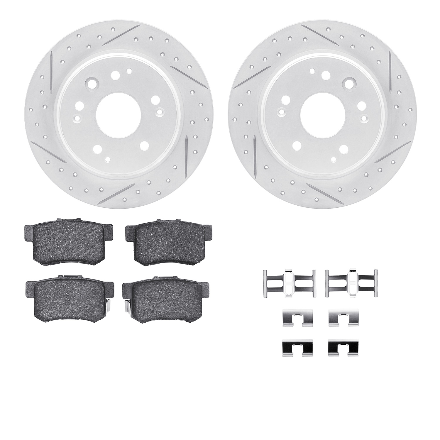 2512-58004 Geoperformance Drilled/Slotted Rotors w/5000 Advanced Brake Pads Kit & Hardware, 1999-2003 Acura/Honda, Position: Rea