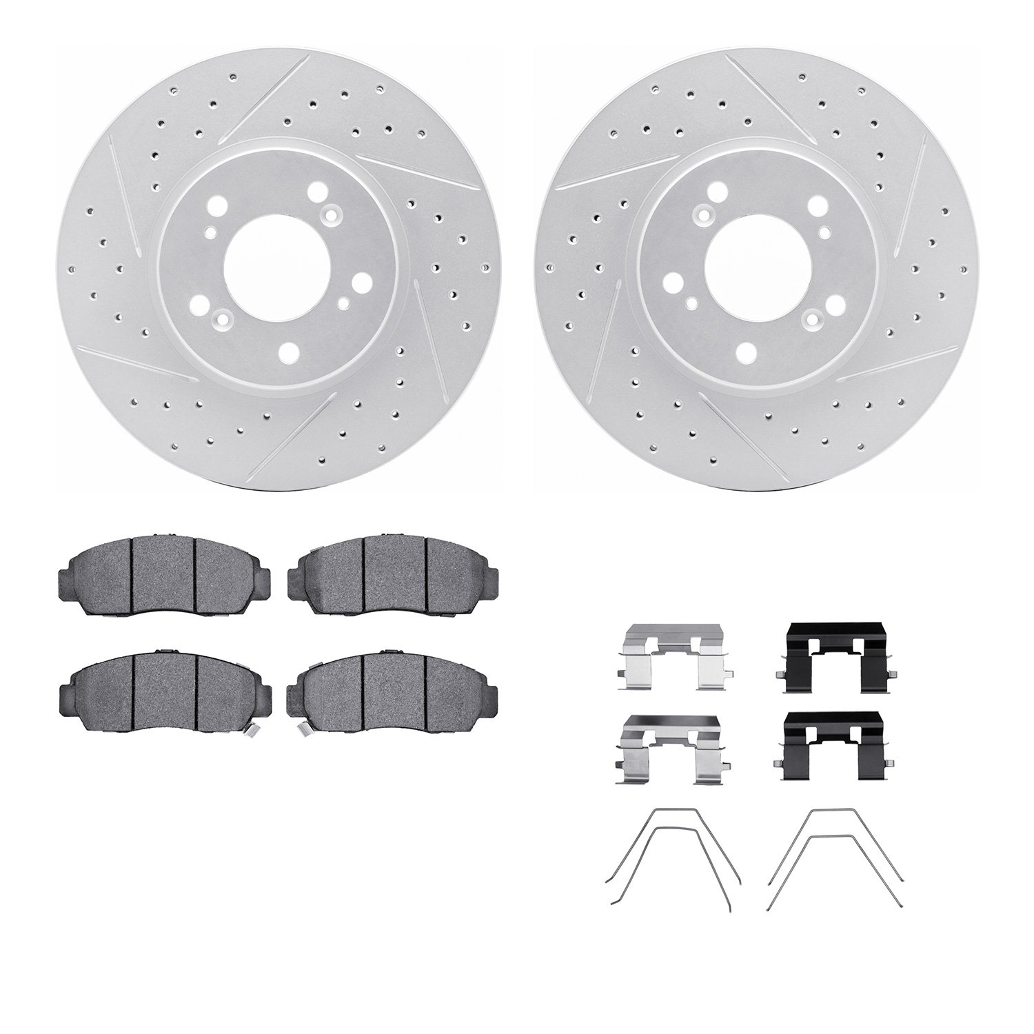2512-58006 Geoperformance Drilled/Slotted Rotors w/5000 Advanced Brake Pads Kit & Hardware, 1999-2004 Acura/Honda, Position: Fro