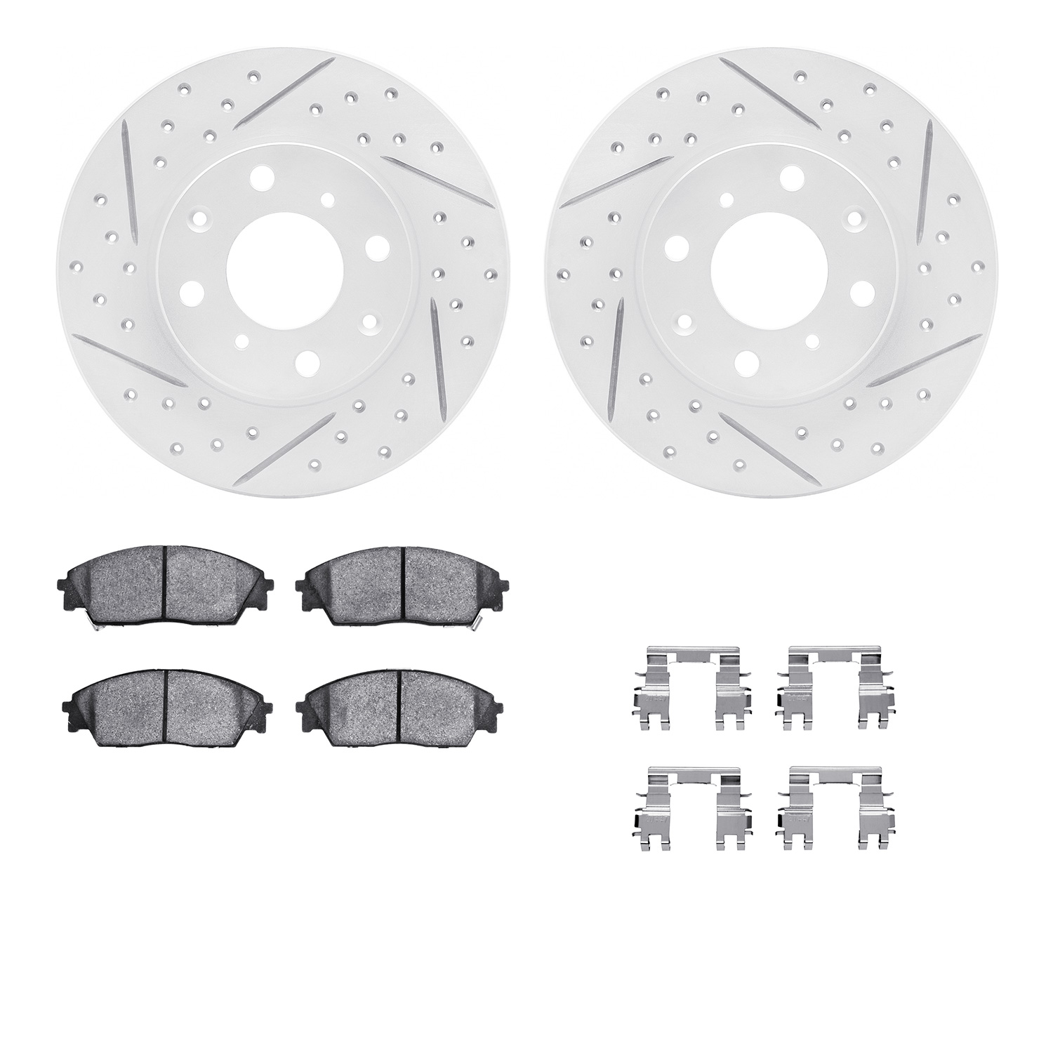 2512-59003 Geoperformance Drilled/Slotted Rotors w/5000 Advanced Brake Pads Kit & Hardware, 1988-1991 Acura/Honda, Position: Fro