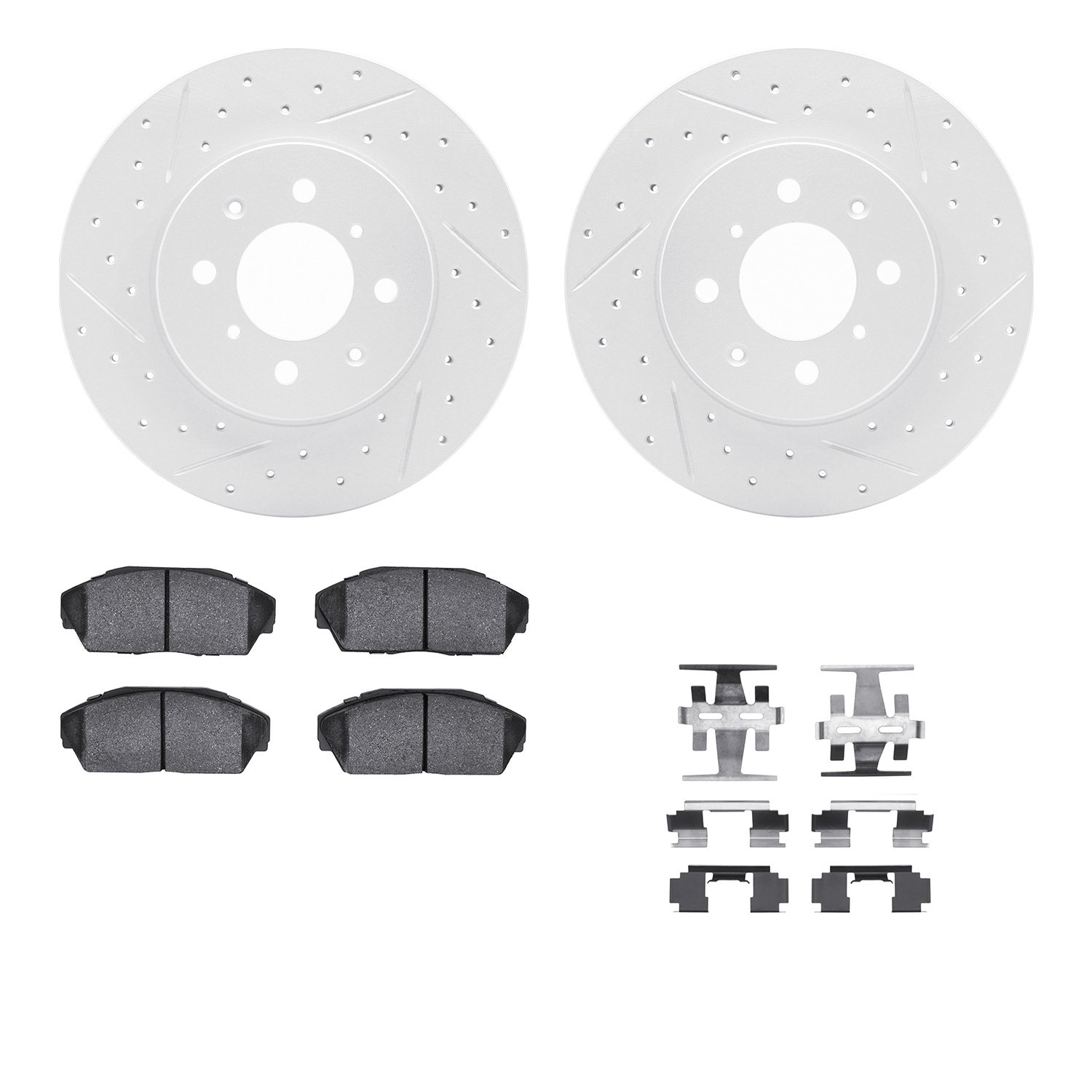 2512-59007 Geoperformance Drilled/Slotted Rotors w/5000 Advanced Brake Pads Kit & Hardware, 1990-1993 Acura/Honda, Position: Fro