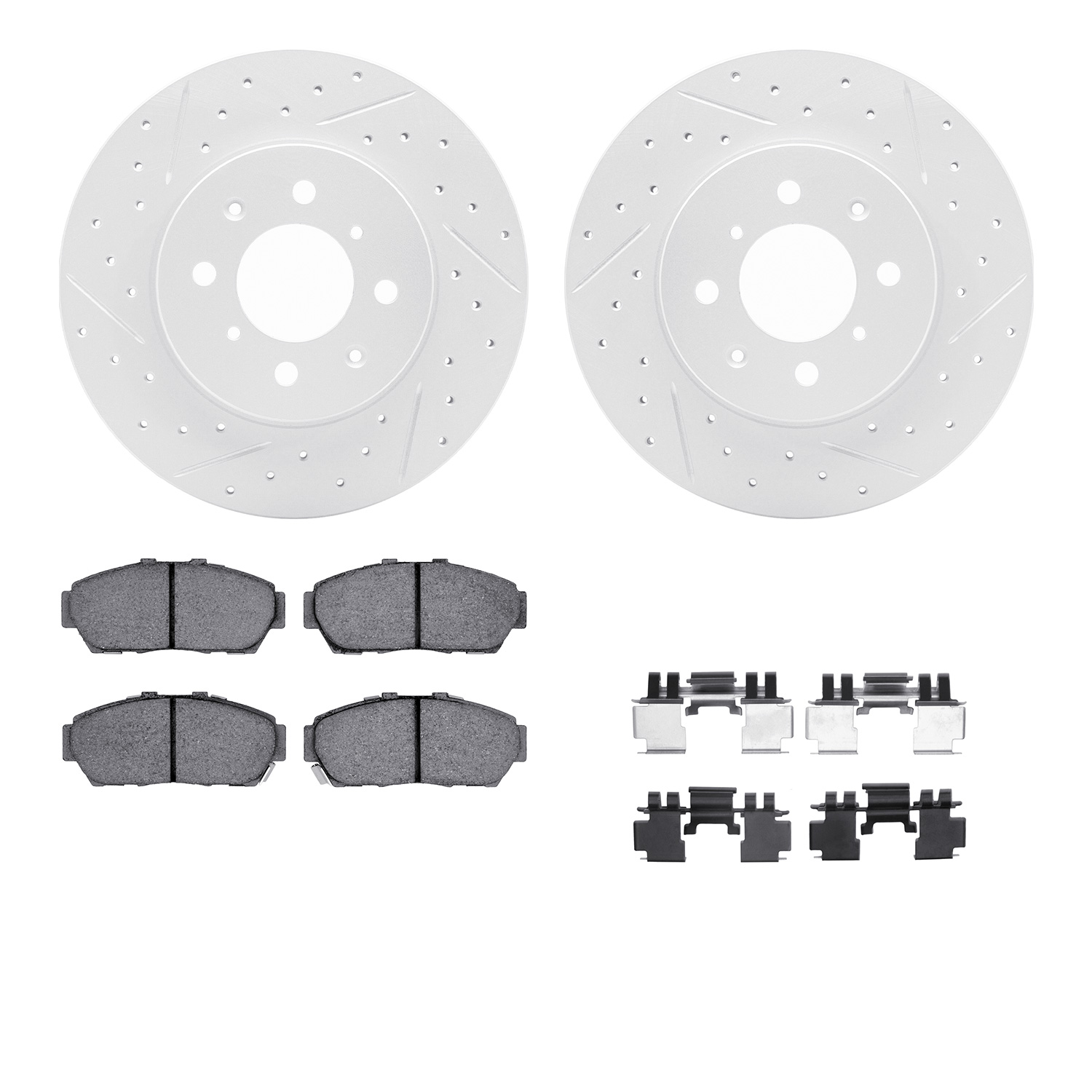 2512-59008 Geoperformance Drilled/Slotted Rotors w/5000 Advanced Brake Pads Kit & Hardware, 1993-2001 Acura/Honda, Position: Fro