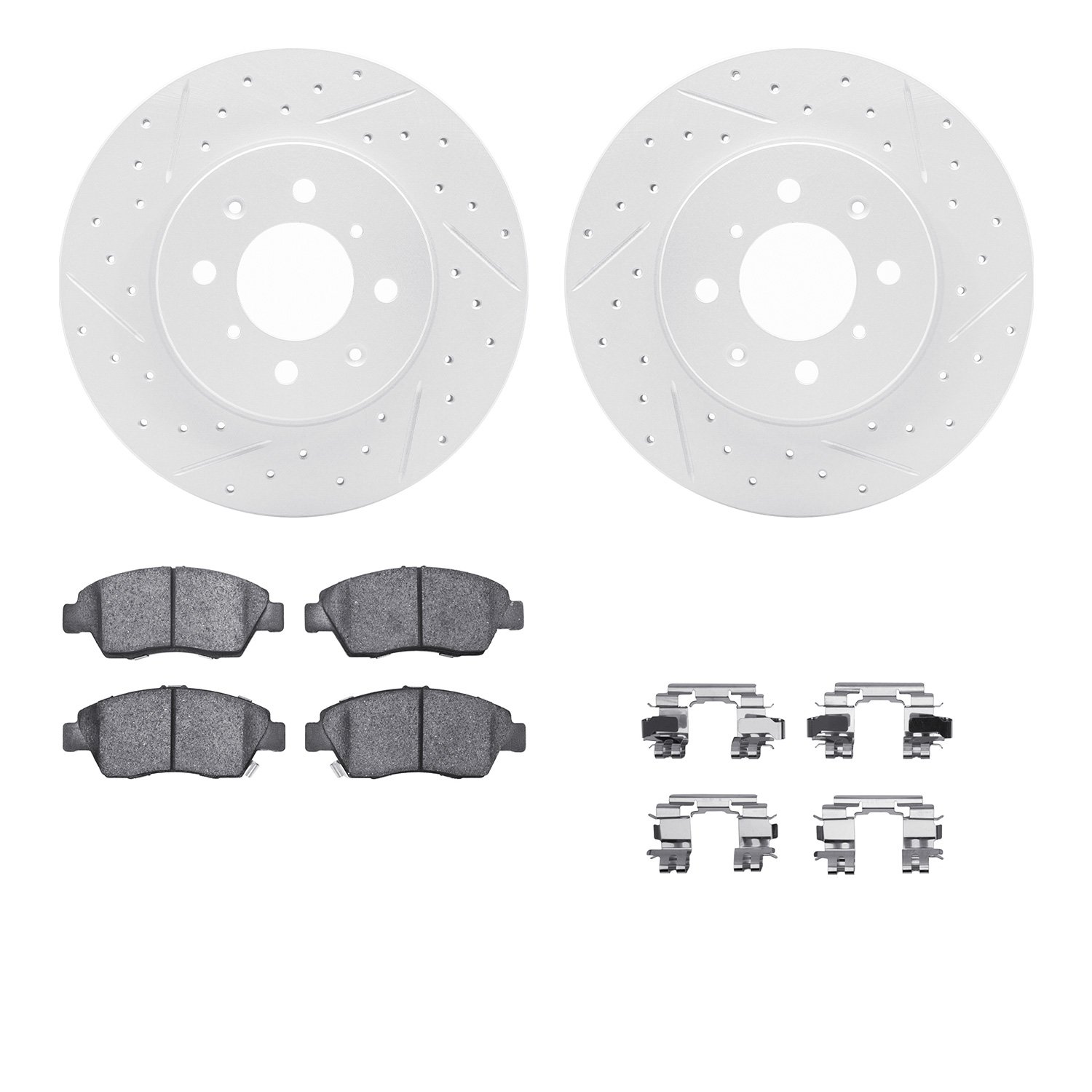 2512-59009 Geoperformance Drilled/Slotted Rotors w/5000 Advanced Brake Pads Kit & Hardware, 1993-1997 Acura/Honda, Position: Fro