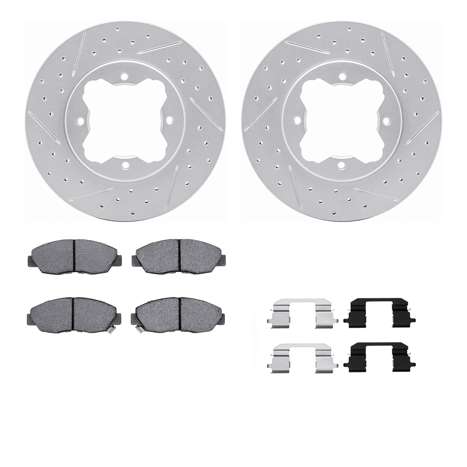 2512-59013 Geoperformance Drilled/Slotted Rotors w/5000 Advanced Brake Pads Kit & Hardware, 1990-1997 Acura/Honda, Position: Fro
