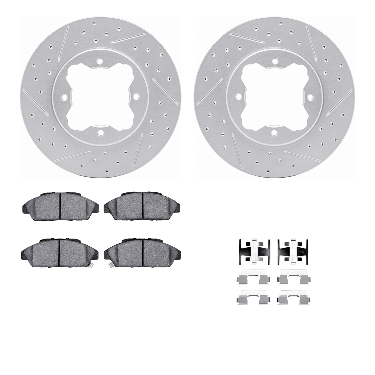 2512-59014 Geoperformance Drilled/Slotted Rotors w/5000 Advanced Brake Pads Kit & Hardware, 1990-1993 Acura/Honda, Position: Fro