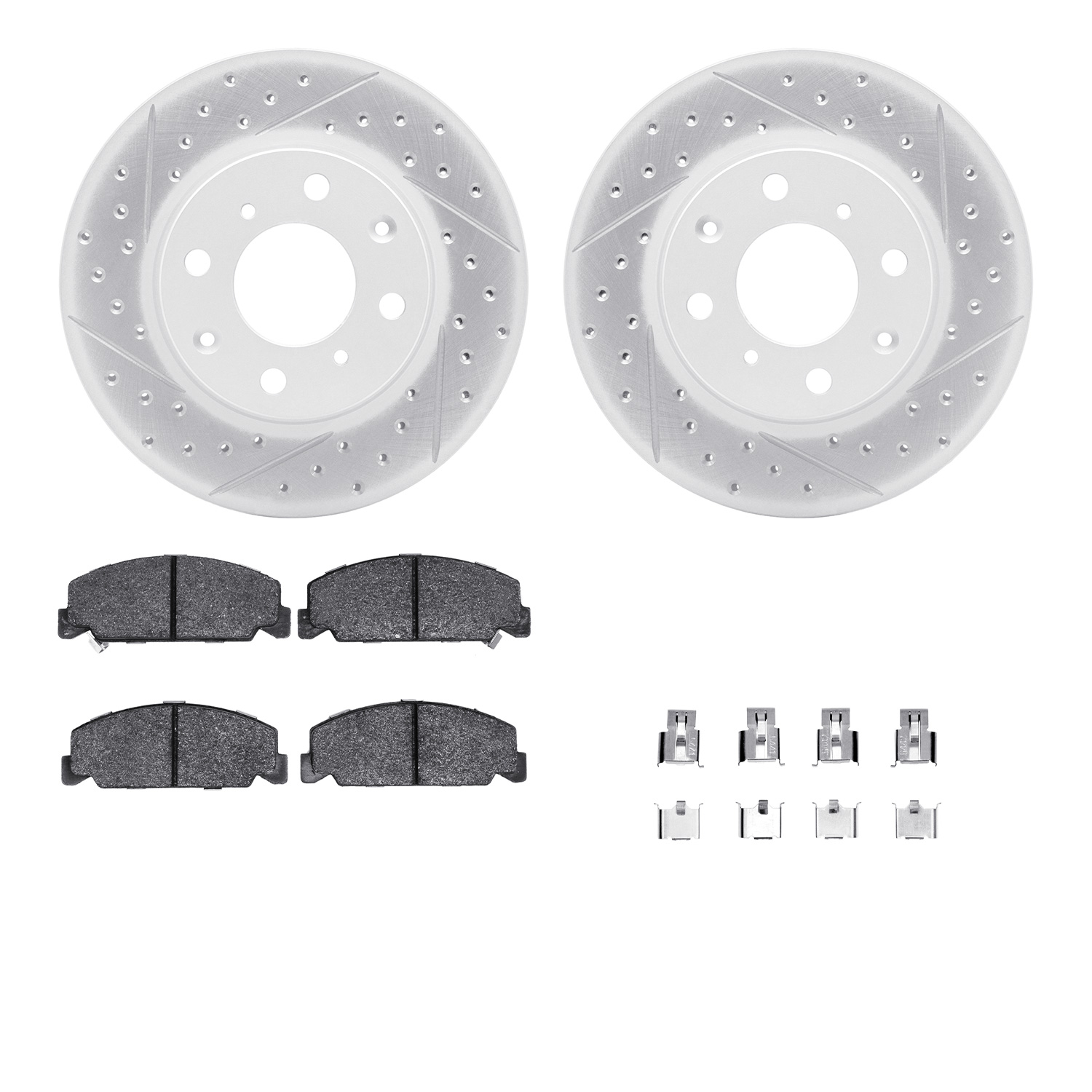 2512-59015 Geoperformance Drilled/Slotted Rotors w/5000 Advanced Brake Pads Kit & Hardware, 1990-2000 Acura/Honda, Position: Fro
