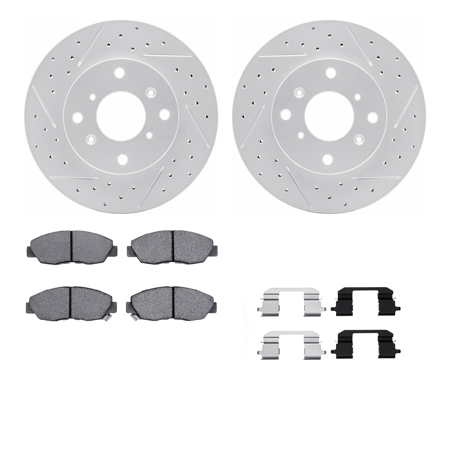 2512-59019 Geoperformance Drilled/Slotted Rotors w/5000 Advanced Brake Pads Kit & Hardware, 1998-1999 Acura/Honda, Position: Fro