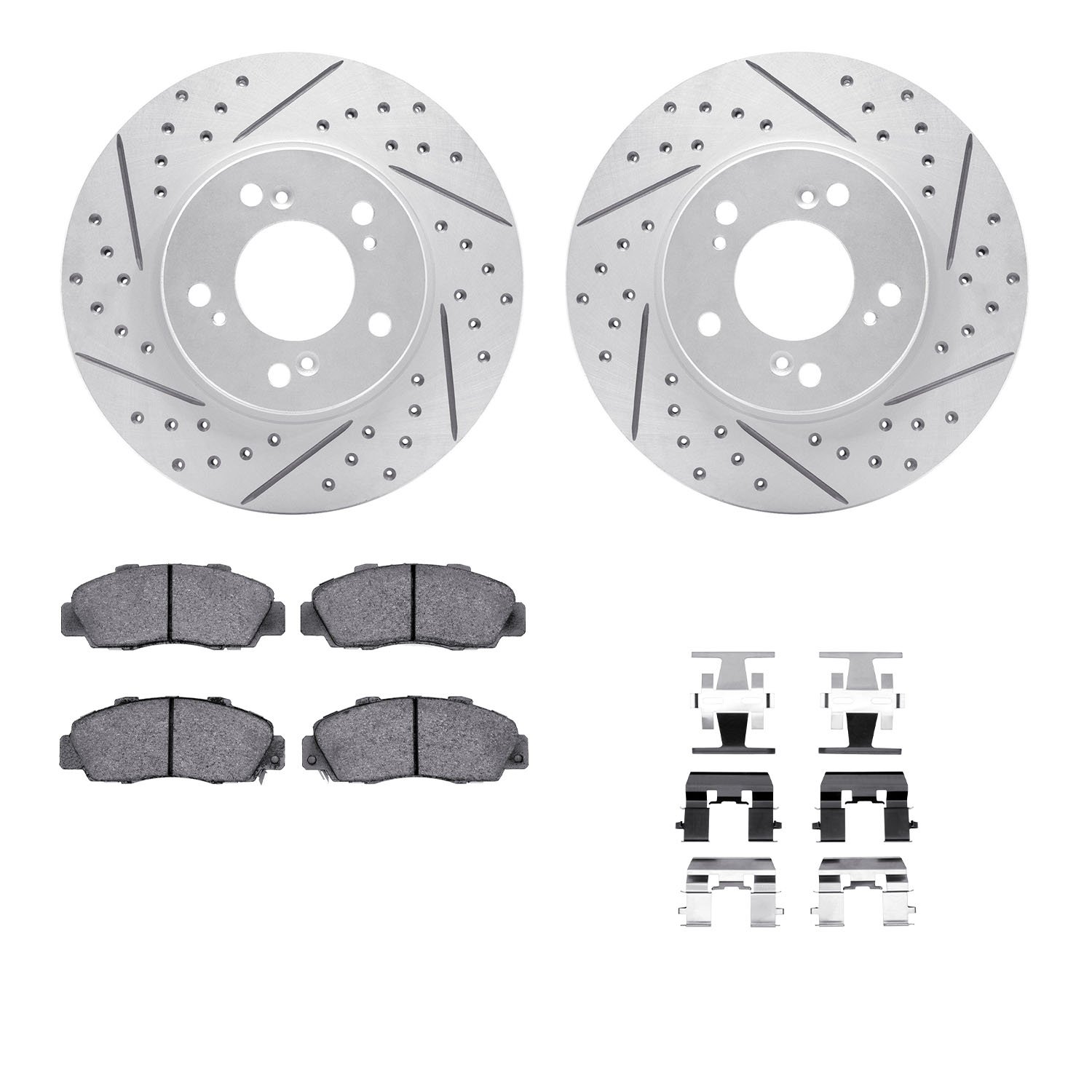 2512-59046 Geoperformance Drilled/Slotted Rotors w/5000 Advanced Brake Pads Kit & Hardware, 1997-2001 Acura/Honda, Position: Fro
