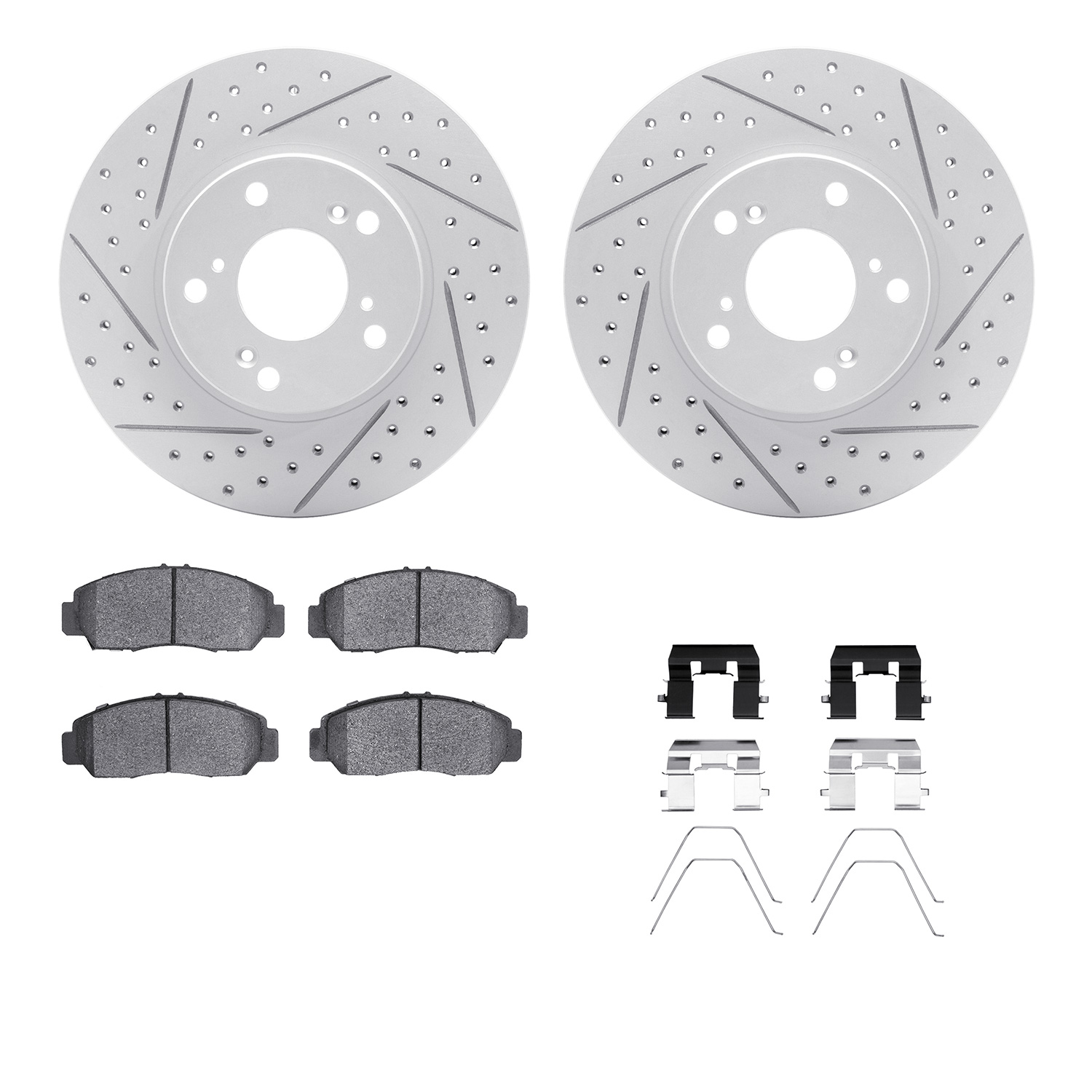 2512-59052 Geoperformance Drilled/Slotted Rotors w/5000 Advanced Brake Pads Kit & Hardware, 2003-2021 Acura/Honda, Position: Fro