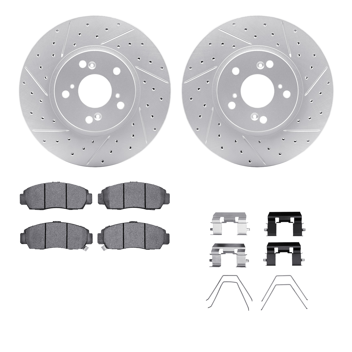 2512-59054 Geoperformance Drilled/Slotted Rotors w/5000 Advanced Brake Pads Kit & Hardware, 1999-2014 Acura/Honda, Position: Fro