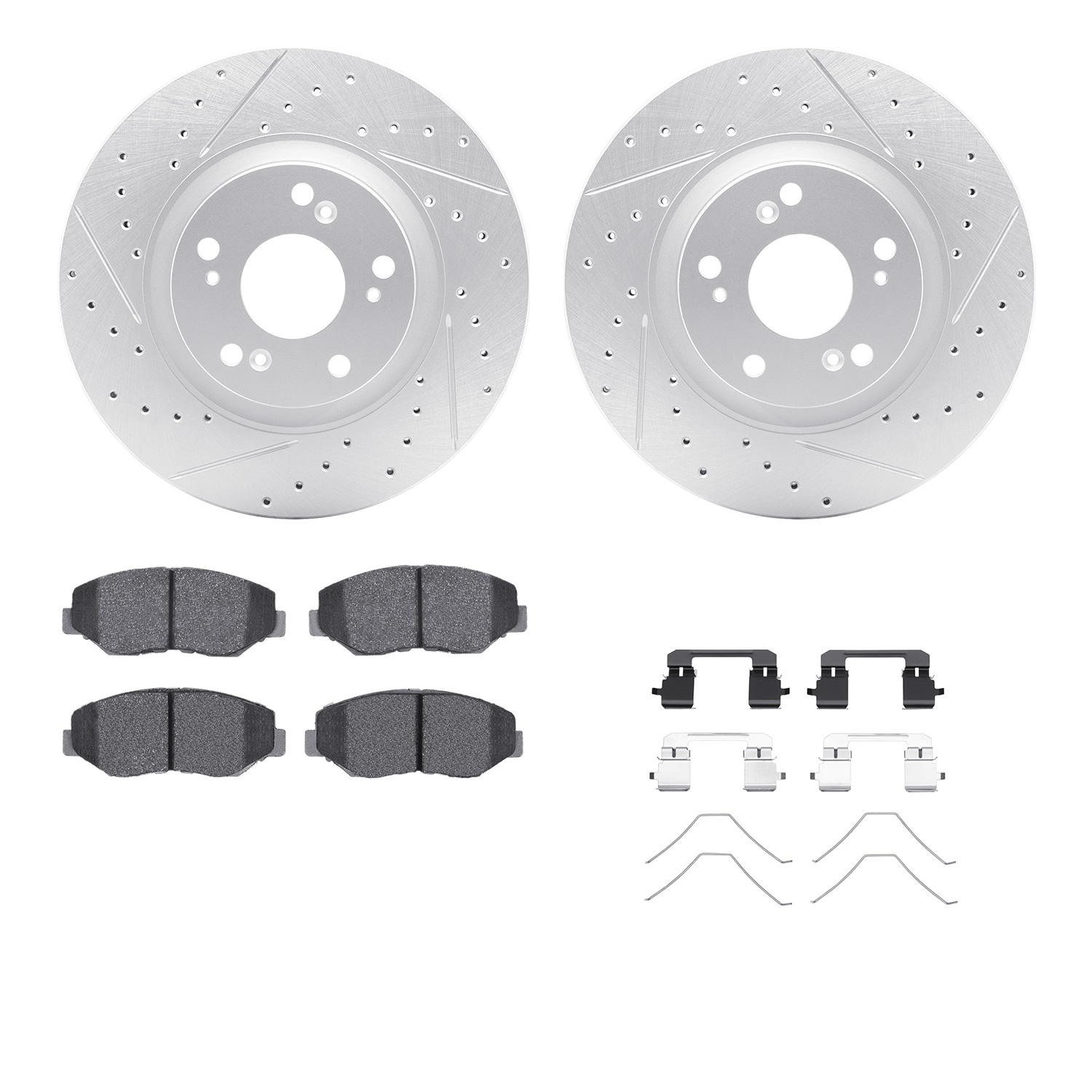2512-59056 Geoperformance Drilled/Slotted Rotors w/5000 Advanced Brake Pads Kit & Hardware, 2005-2015 Acura/Honda, Position: Fro