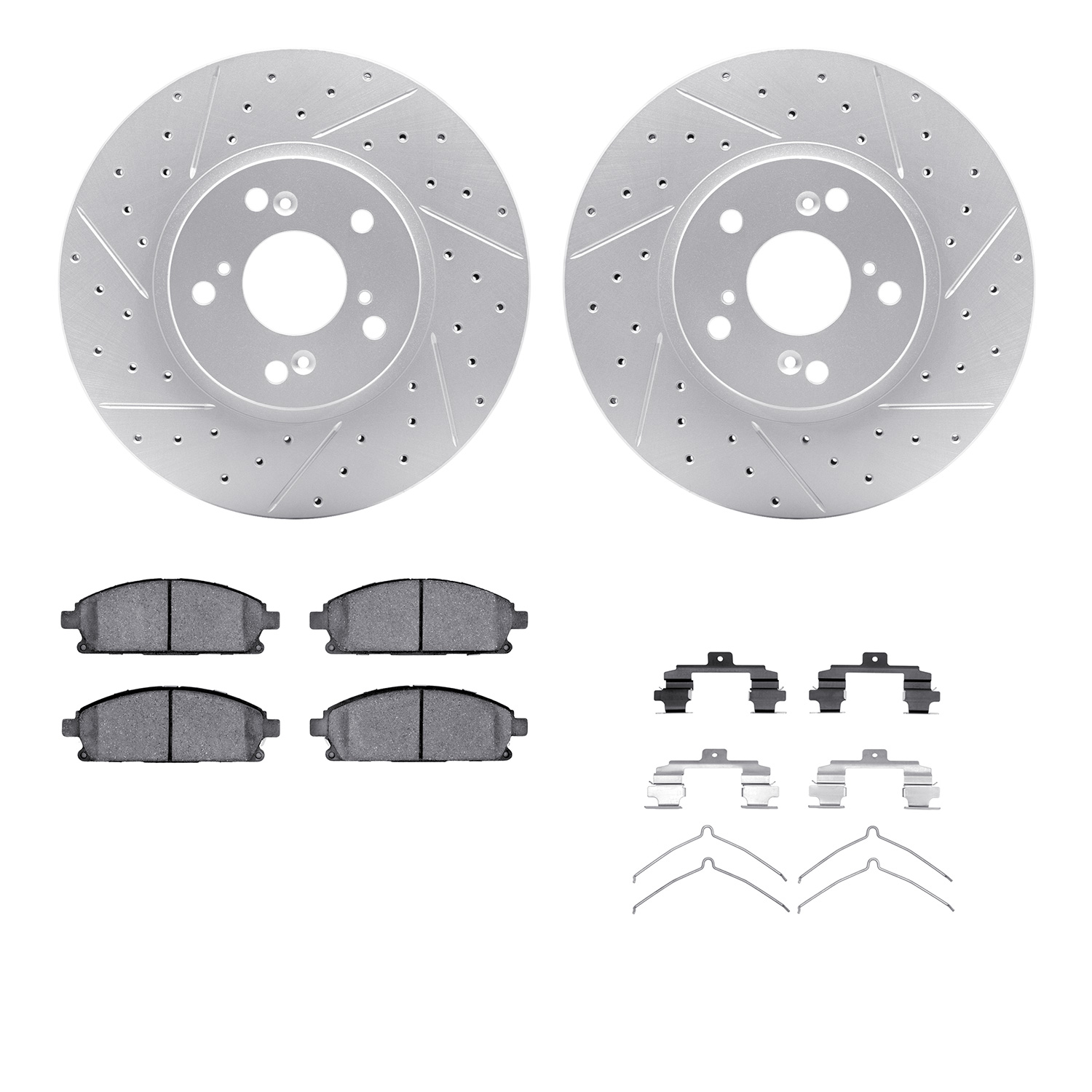 2512-59057 Geoperformance Drilled/Slotted Rotors w/5000 Advanced Brake Pads Kit & Hardware, 2003-2006 Acura/Honda, Position: Fro