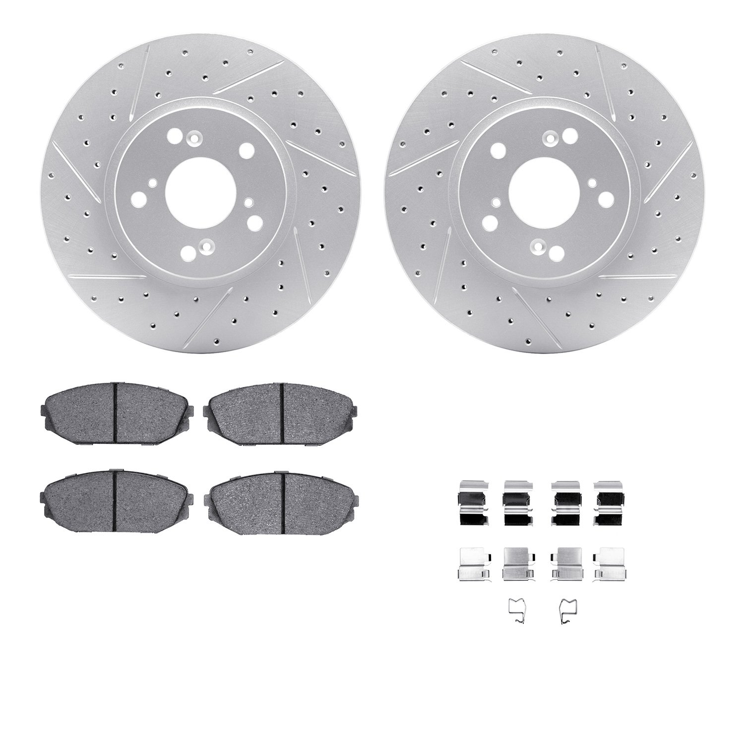 2512-59058 Geoperformance Drilled/Slotted Rotors w/5000 Advanced Brake Pads Kit & Hardware, 1999-2004 Acura/Honda, Position: Fro