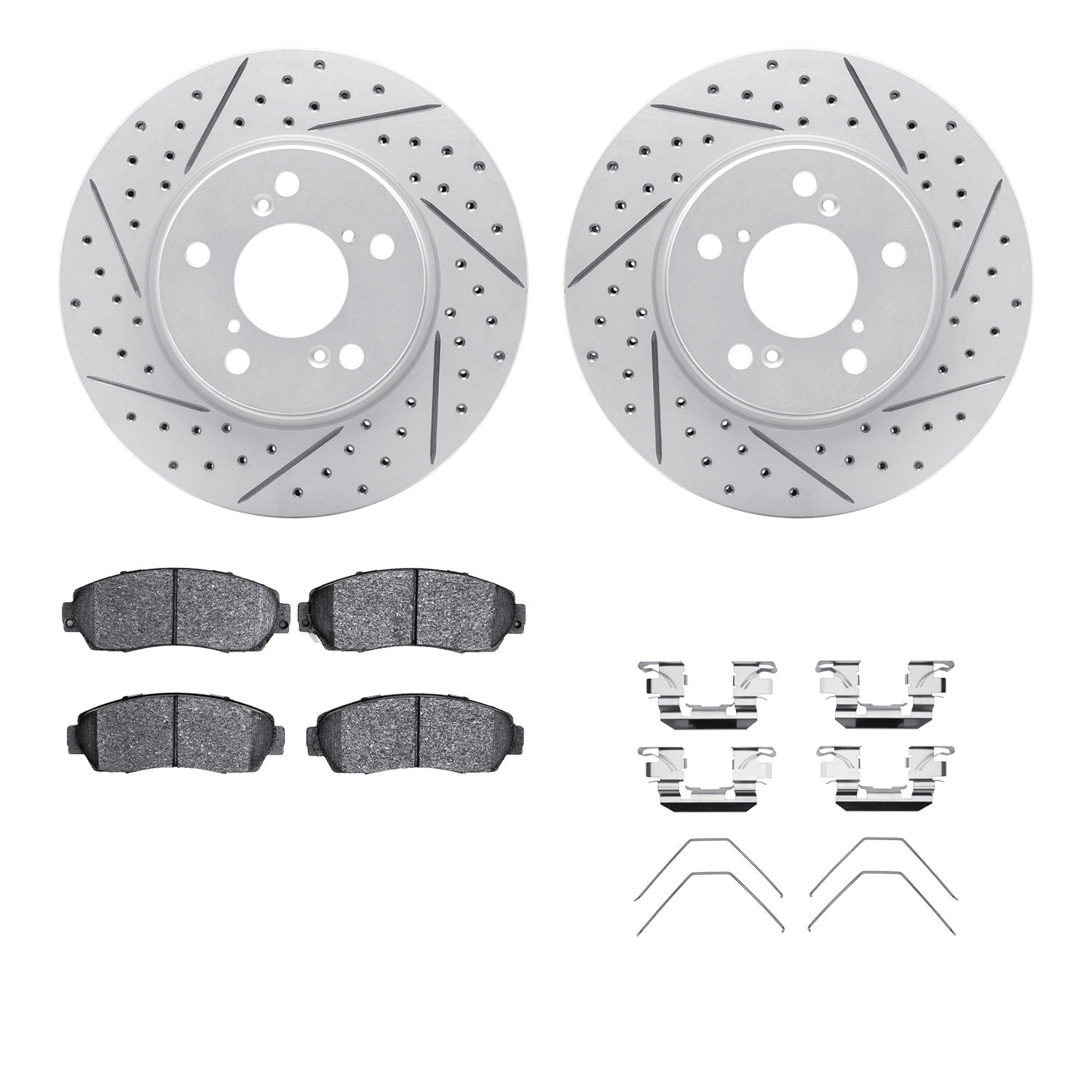 2512-59066 Geoperformance Drilled/Slotted Rotors w/5000 Advanced Brake Pads Kit & Hardware, 2005-2010 Acura/Honda, Position: Fro