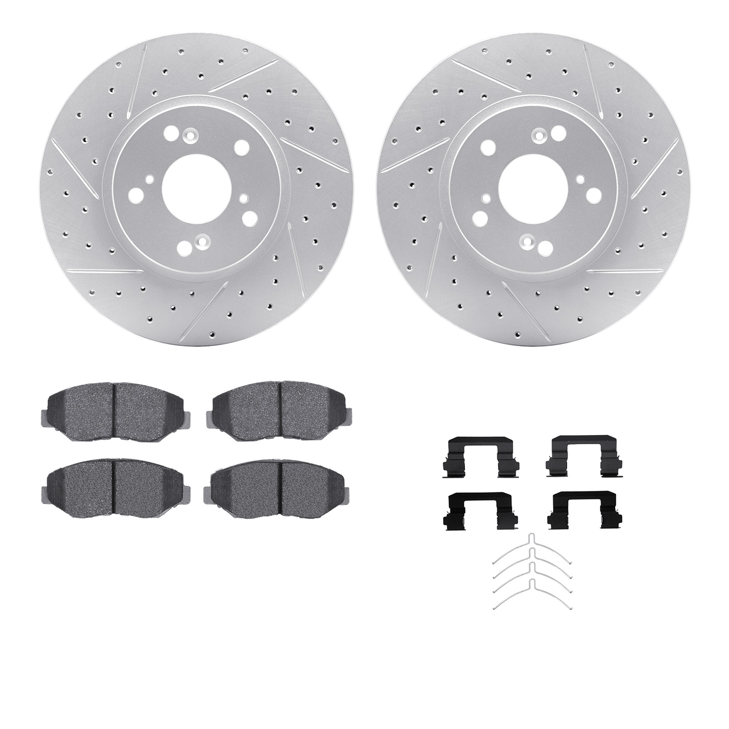 2512-59069 Geoperformance Drilled/Slotted Rotors w/5000 Advanced Brake Pads Kit & Hardware, 2003-2008 Acura/Honda, Position: Fro