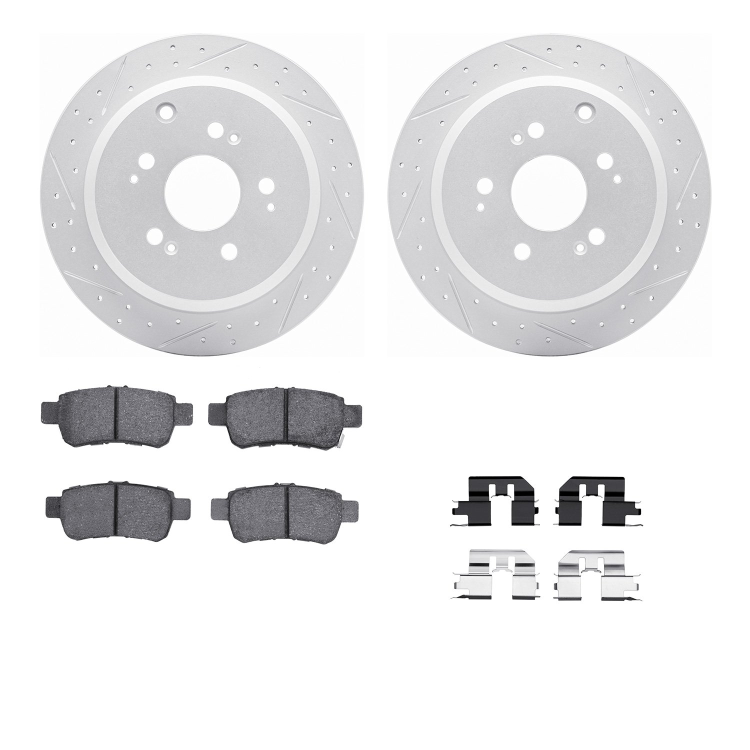 2512-59070 Geoperformance Drilled/Slotted Rotors w/5000 Advanced Brake Pads Kit & Hardware, 2005-2010 Acura/Honda, Position: Rea